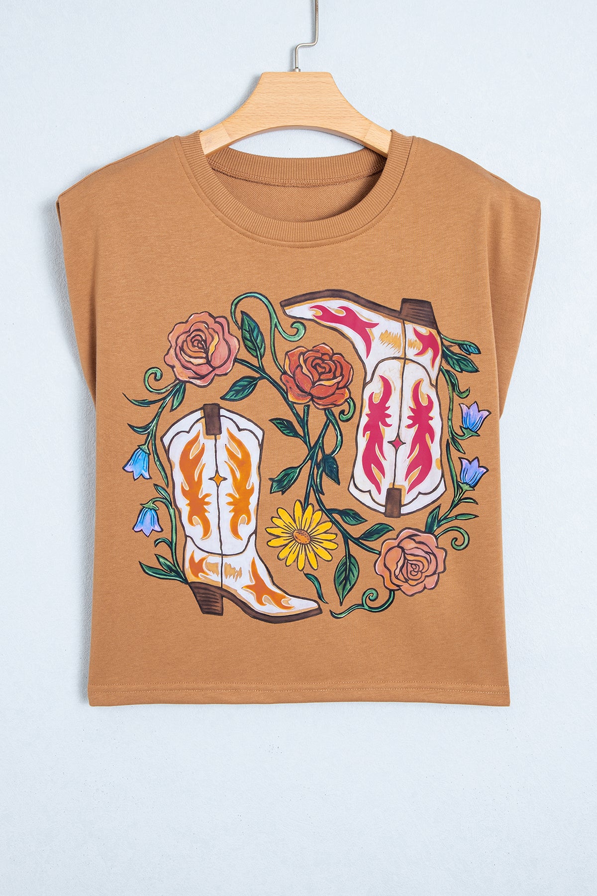 Camel Western Boots Flower Printed Sleeveless Loose Tank Top-Tops/Tank Tops-[Adult]-[Female]-2022 Online Blue Zone Planet
