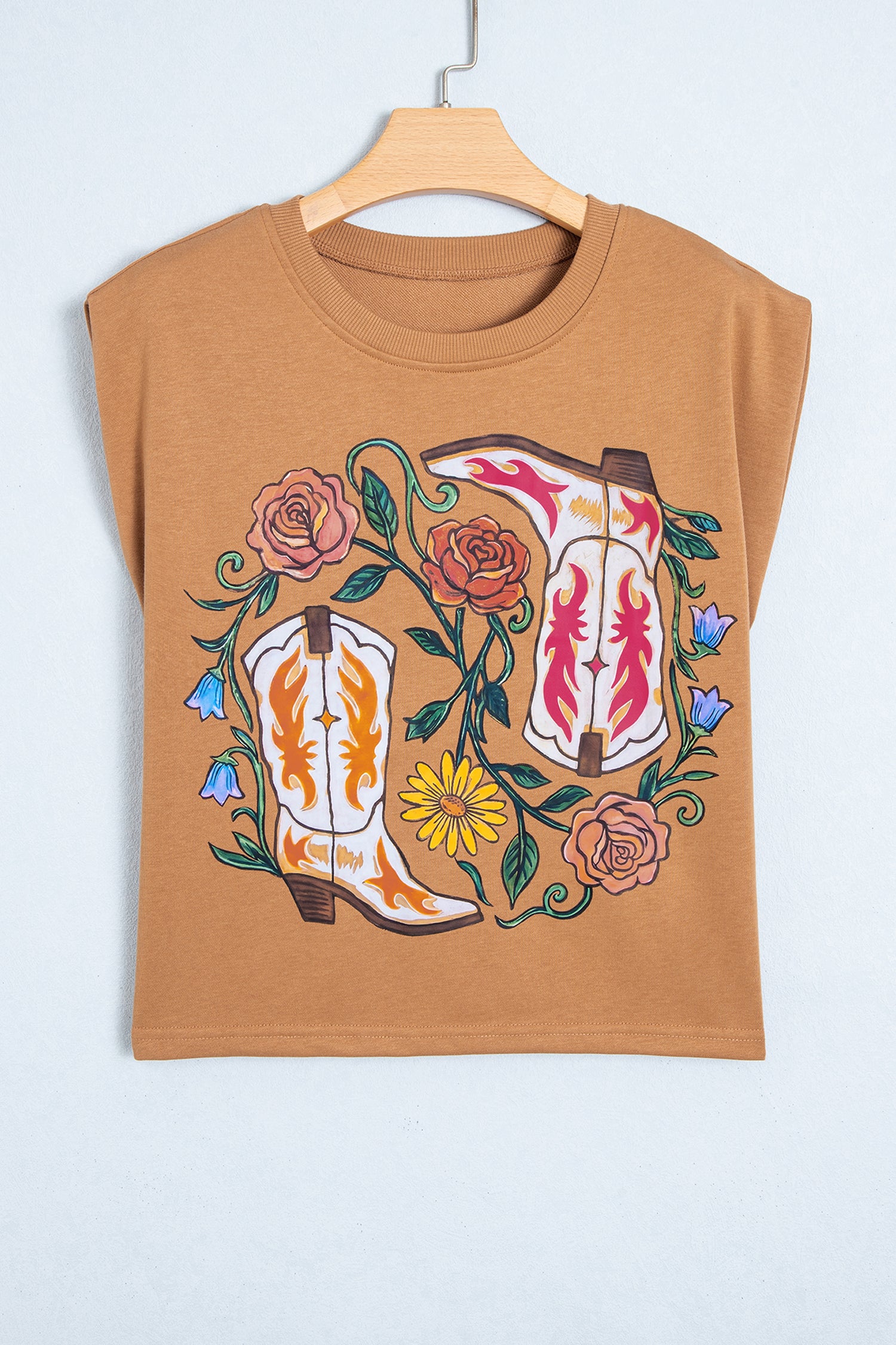 Camel Western Boots Flower Printed Sleeveless Loose Tank Top-Tops/Tank Tops-[Adult]-[Female]-2022 Online Blue Zone Planet