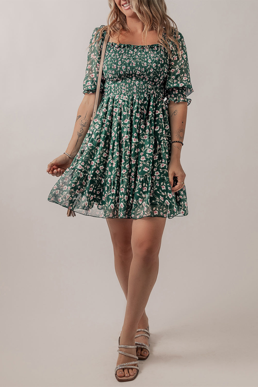 Green Smocked Square Neck Puff Short Sleeve Floral Dress-TOPS / DRESSES-[Adult]-[Female]-2022 Online Blue Zone Planet