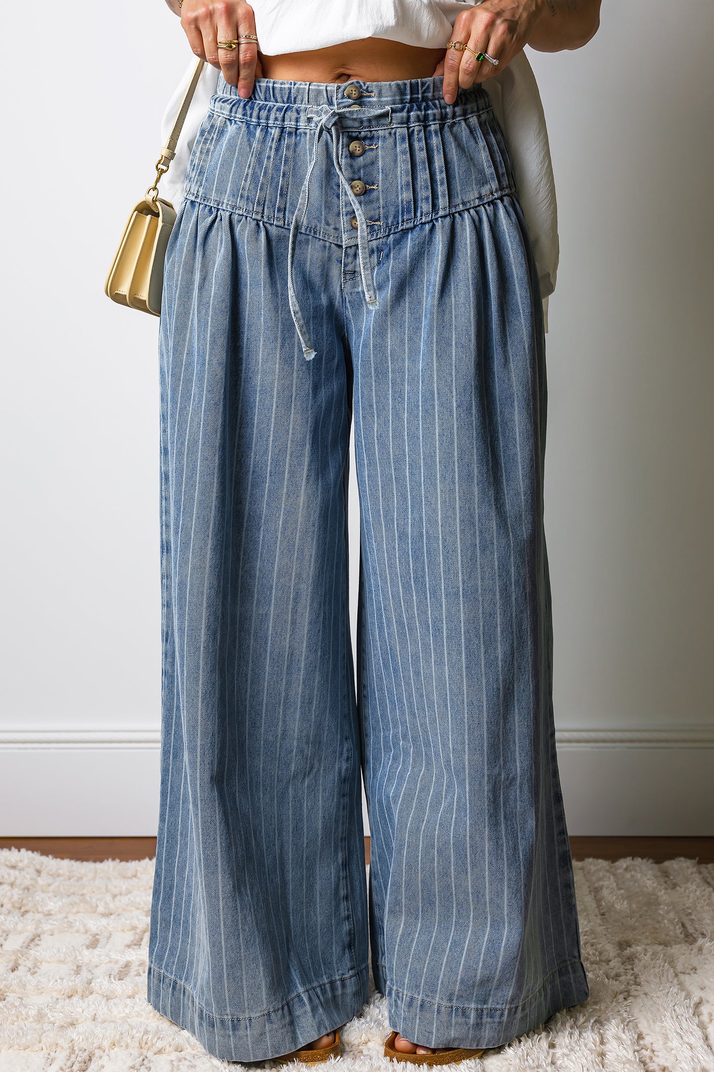 Sky Blue Stripe Button Pleated Drawstring Waist Casual Wide Leg Jeans-Bottoms/Jeans-[Adult]-[Female]-2022 Online Blue Zone Planet