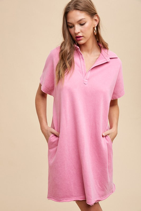 Annie Wear Mineral Washed Johnny Collar Short Sleeve Dress-TOPS / DRESSES-[Adult]-[Female]-Fuchsia Pink-S-2022 Online Blue Zone Planet