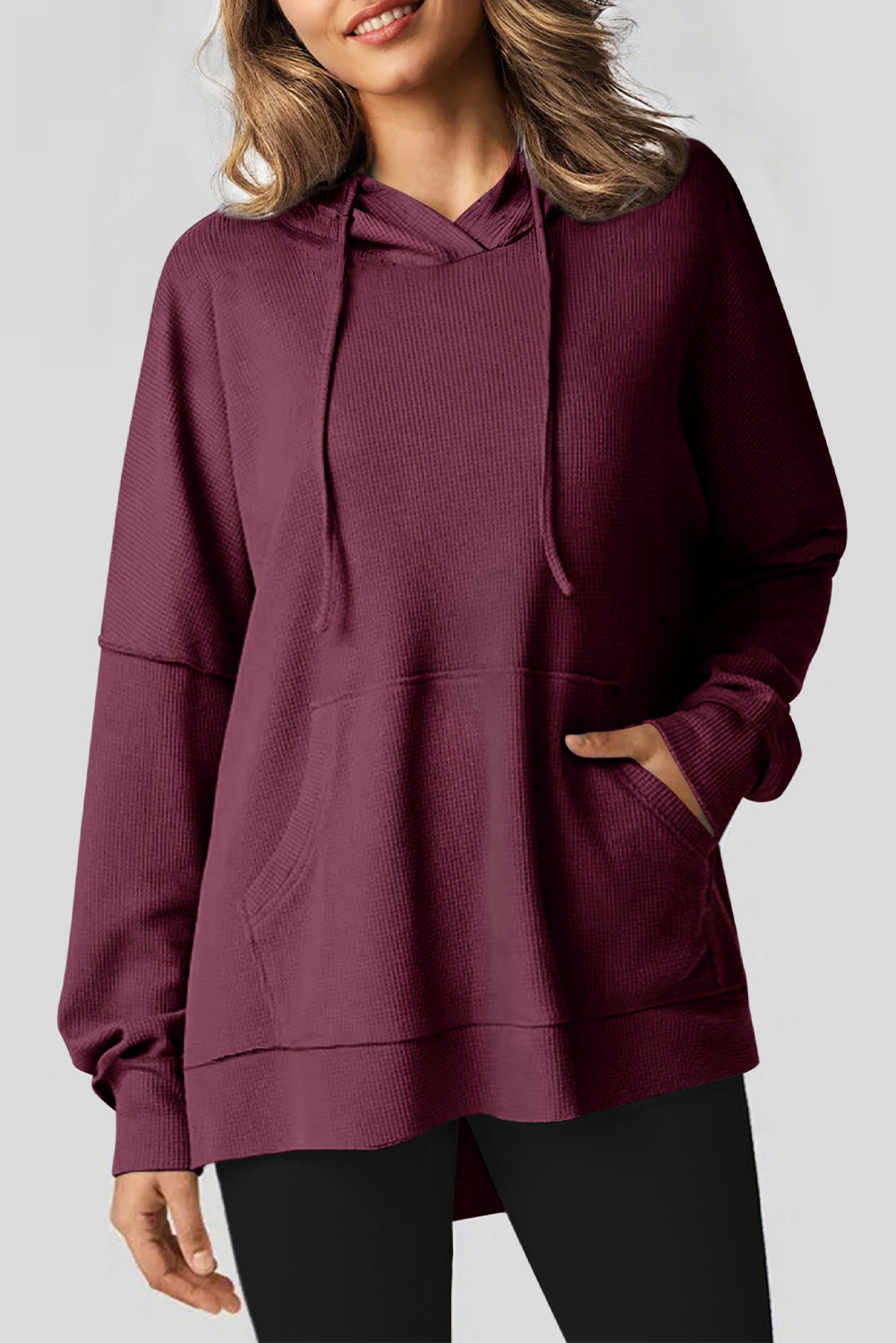 Gray Waffle Knit Fleece Lined High Low Oversized Hoodie-Tops/Sweatshirts & Hoodies-[Adult]-[Female]-Red Dahlia-S-2022 Online Blue Zone Planet