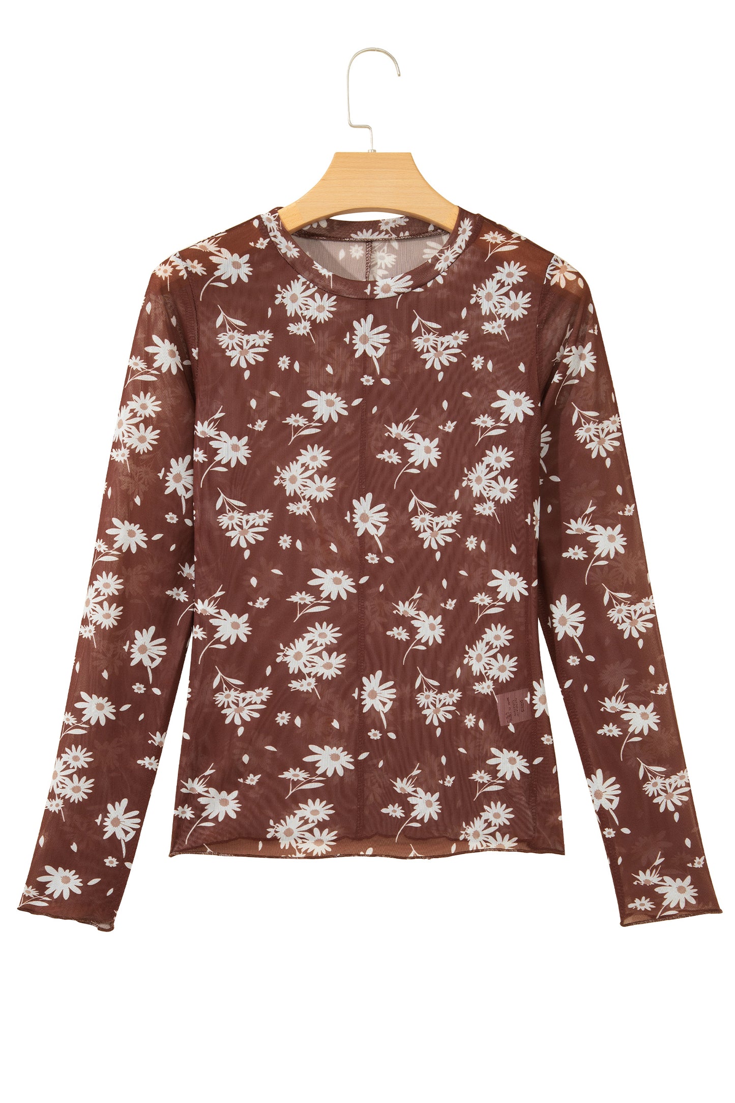 Brown Floral Print Sheer Mesh Long Sleeve Top-Tops/Long Sleeve Tops-[Adult]-[Female]-2022 Online Blue Zone Planet