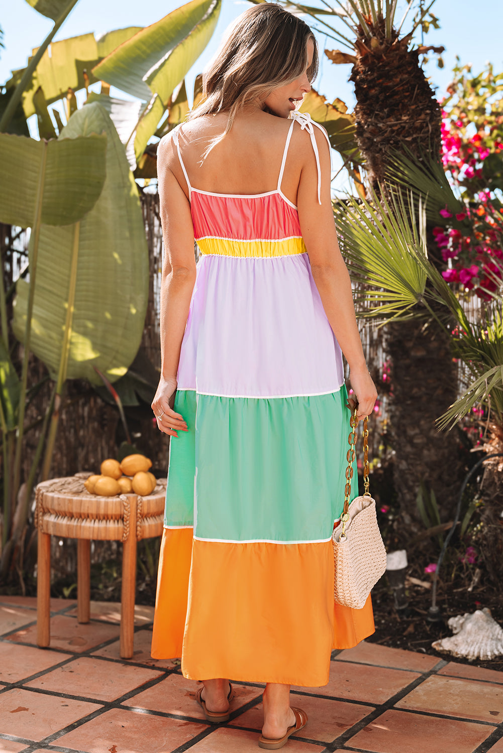 Multicolour Colorblock Self-tie Straps High Waist Flowy Maxi Dress with Pockets-Dresses/Maxi Dresses-[Adult]-[Female]-2022 Online Blue Zone Planet