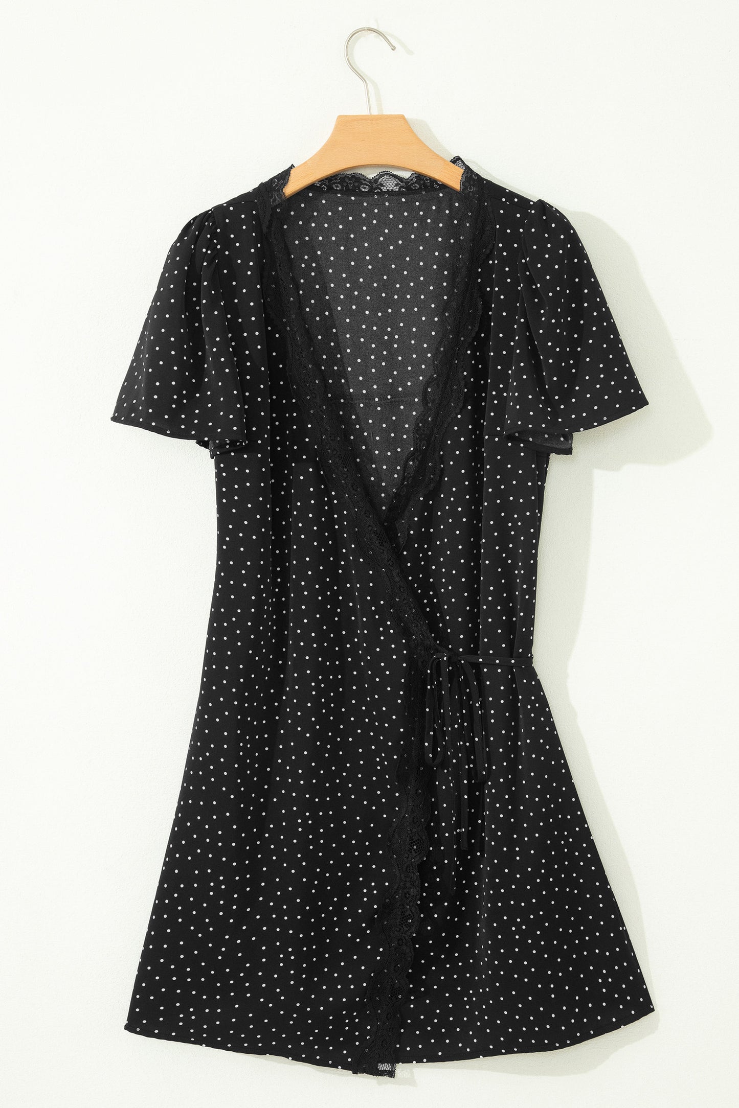 Black Polka Dot Print Lace Trim Wrap Mini Dress-TOPS / DRESSES-[Adult]-[Female]-2022 Online Blue Zone Planet