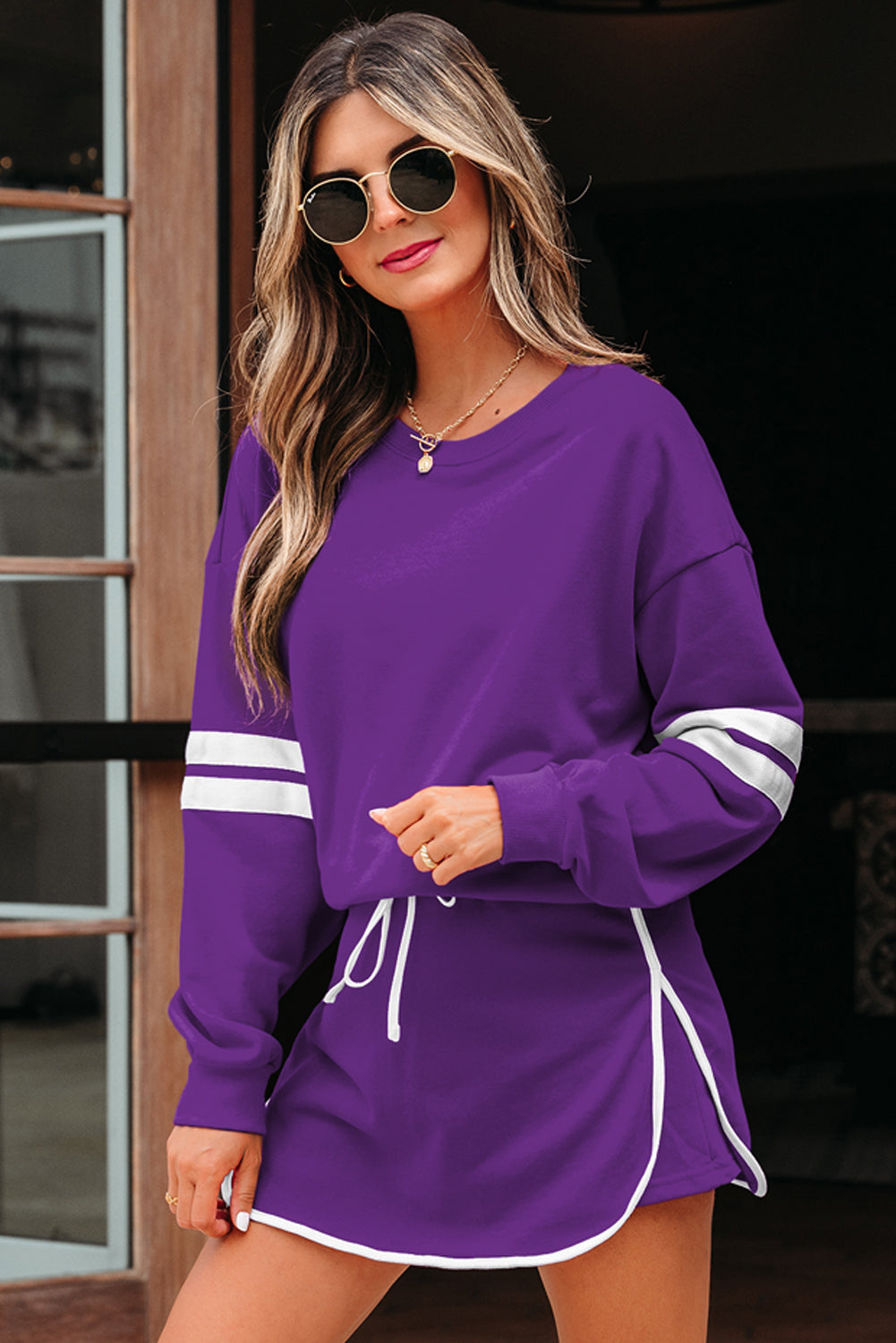 Tillandsia Purple Varsity Stripe Detail Drop Shoulder Pullover Mini Skirt Set-Two Piece Sets/Two Piece Dresses-[Adult]-[Female]-2022 Online Blue Zone Planet