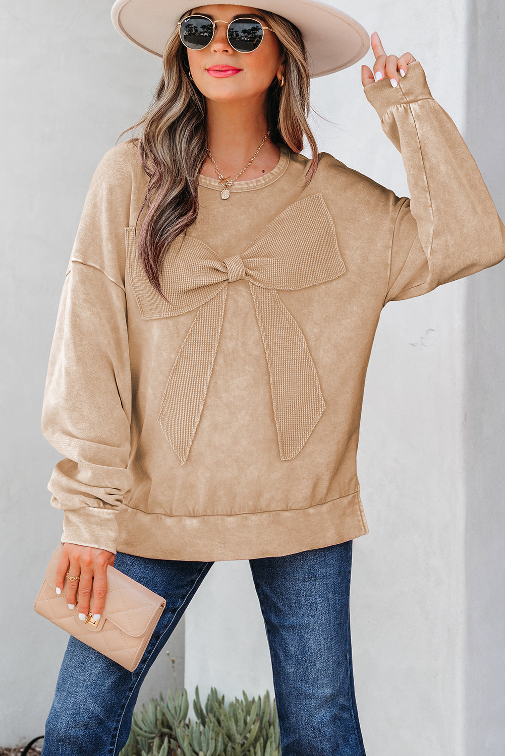 Light French Beige Mineral Wash Big Bow Patchwork Pullover Sweatshirt-Tops/Sweatshirts & Hoodies-[Adult]-[Female]-2022 Online Blue Zone Planet