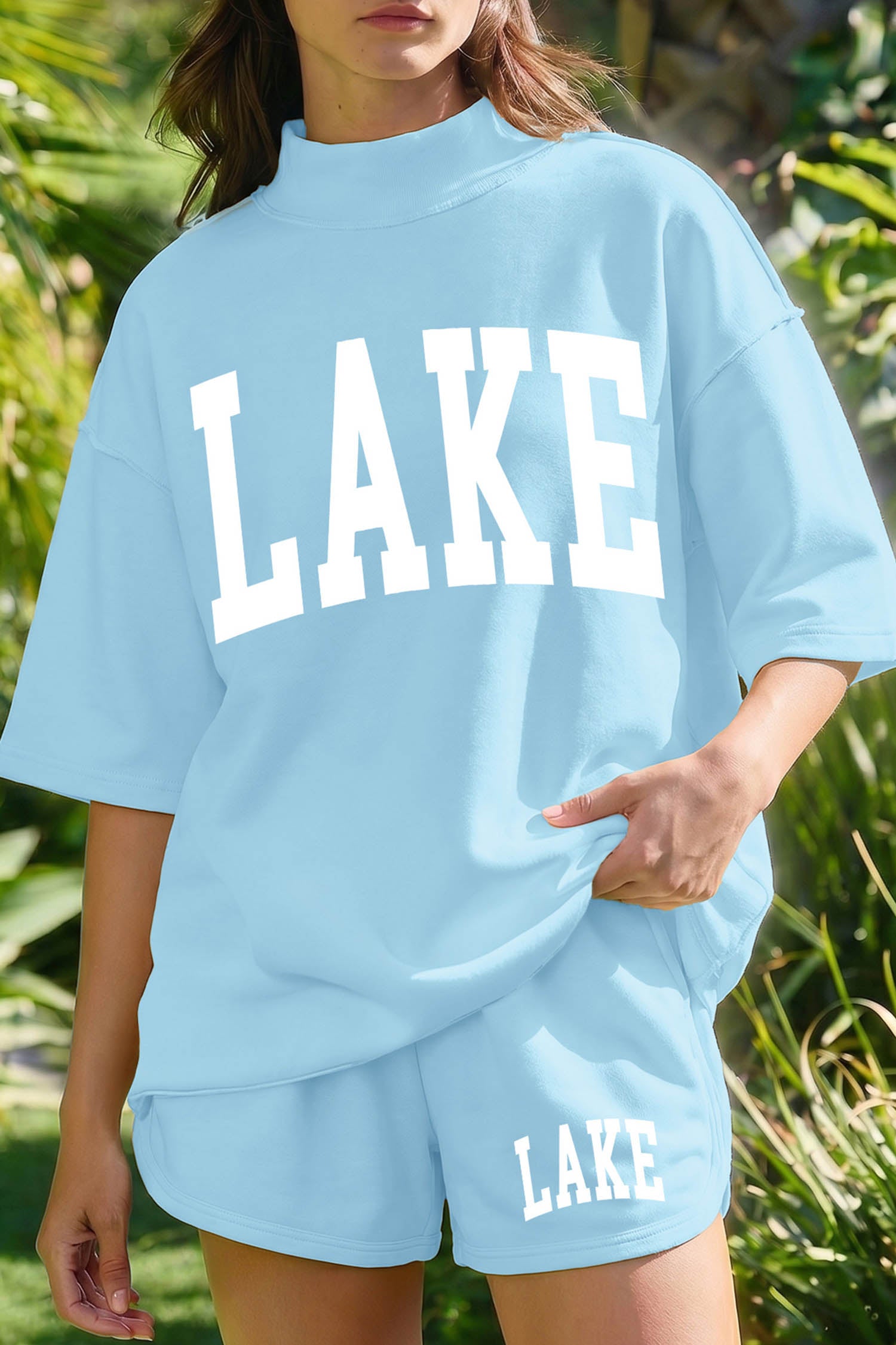 Mist Blue LAKE Print High Neck Short Sleeve Top Casual Short Set-Graphic/Graphic Sets-[Adult]-[Female]-Mist Blue-S-2022 Online Blue Zone Planet