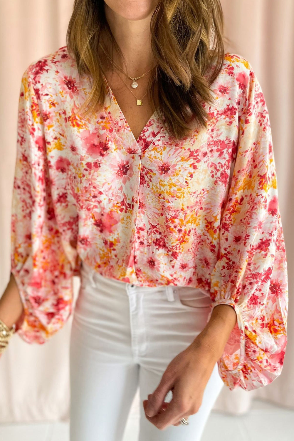 Pink Ditsy Floral Bubble Sleeve V Neck Blouse-Tops/Blouses & Shirts-[Adult]-[Female]-Pink-S-2022 Online Blue Zone Planet