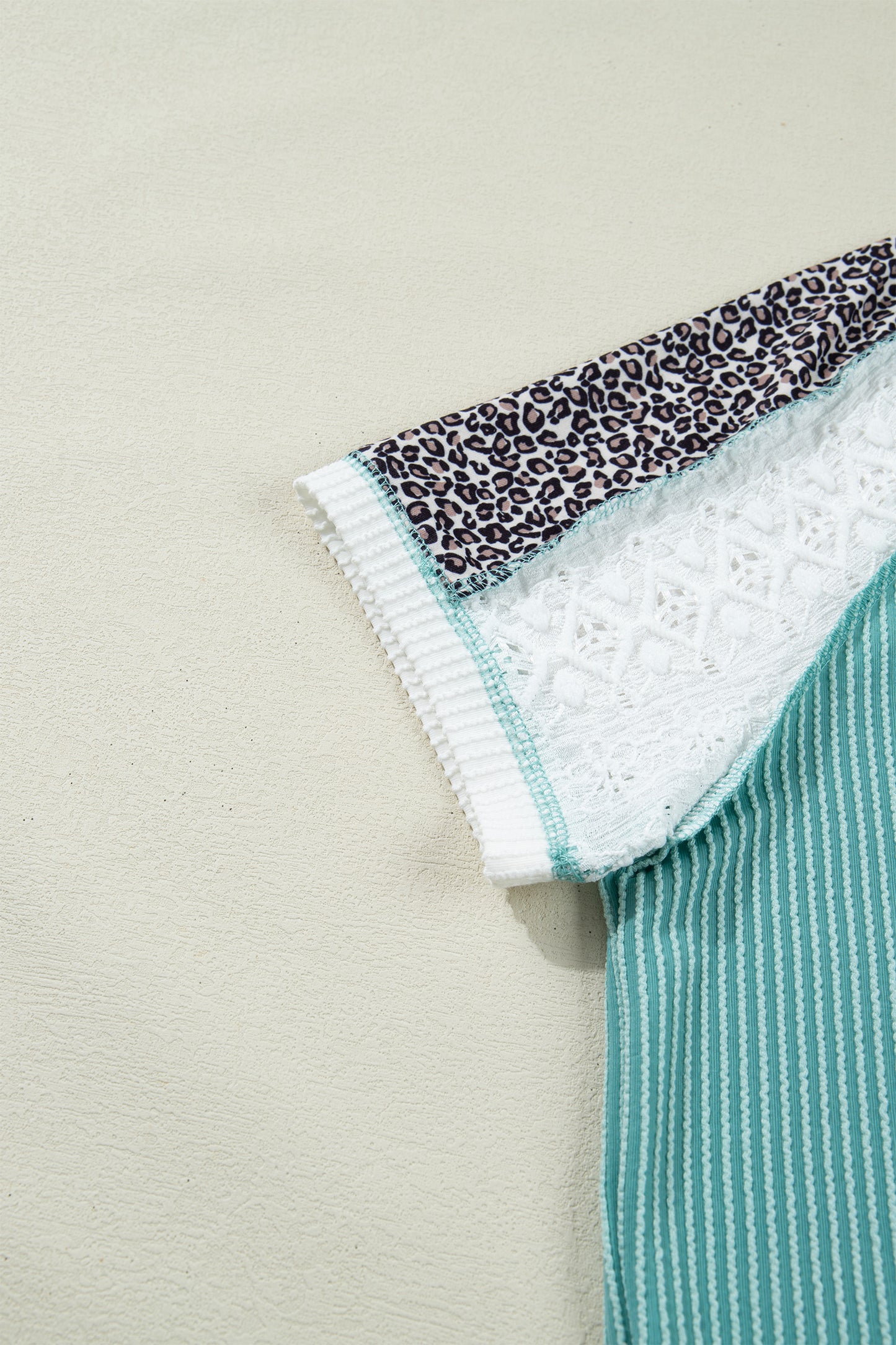 Green Bay Color Block Lace Leopard Patchwork Twisted Ribbed Tee