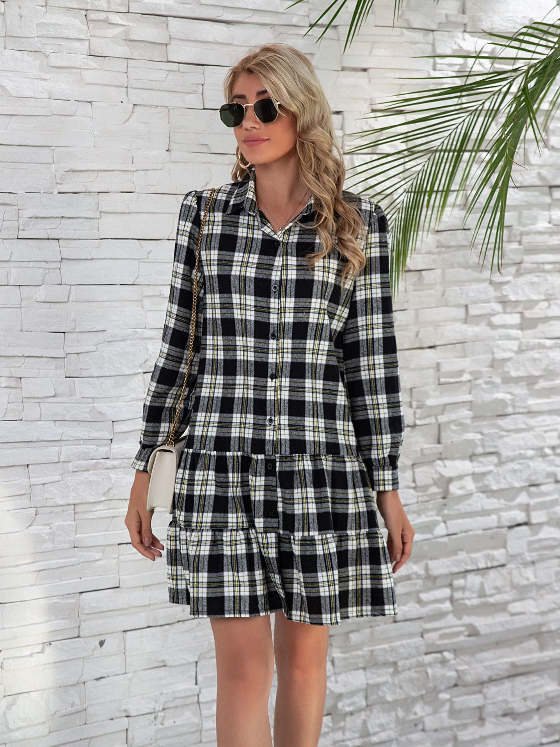 Ruffle Hem Plaid Button Down Long Sleeve Dress-TOPS / DRESSES-[Adult]-[Female]-2022 Online Blue Zone Planet