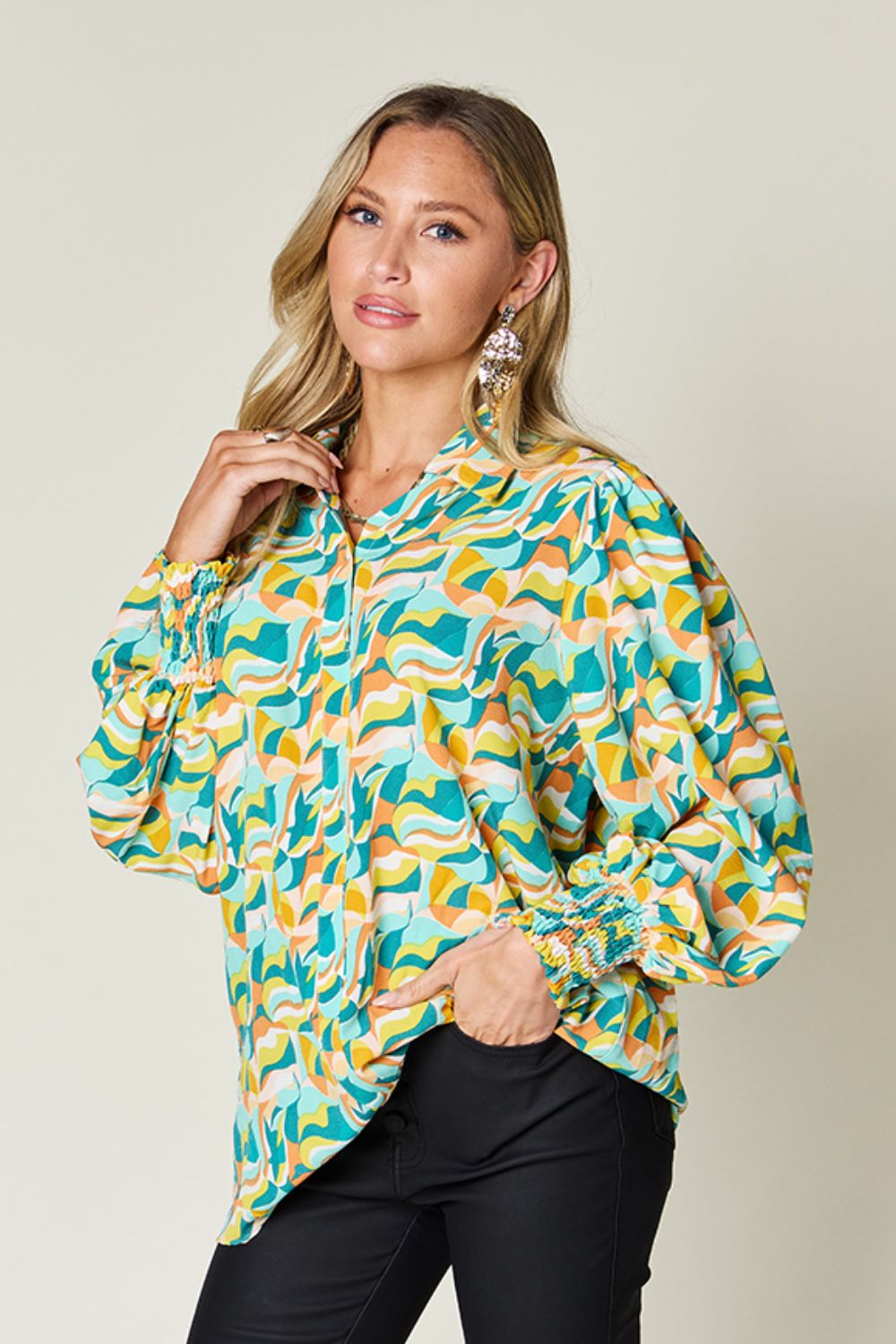 Blue Zone Planet | Double Take Full Size Printed Smocked Long Sleeve Blouse-TOPS / DRESSES-[Adult]-[Female]-Turquoise-S-2022 Online Blue Zone Planet