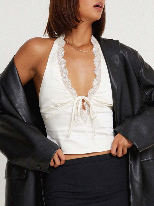 Lace Detail Halter Neck Tank-TOPS / DRESSES-[Adult]-[Female]-White-S-2022 Online Blue Zone Planet