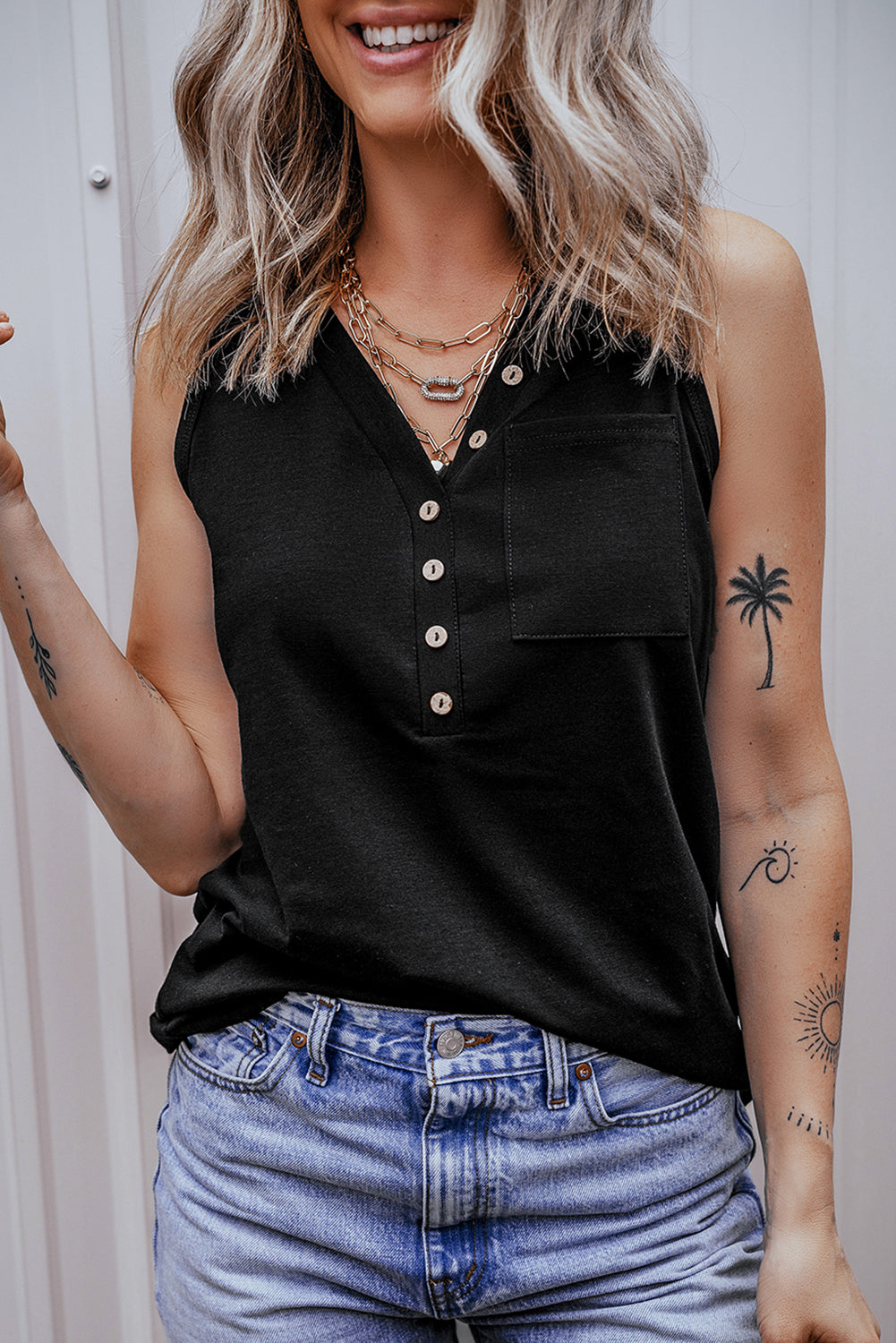 Black Half Button V Neck Patched Pocket Tank Top-Tops/Tank Tops-[Adult]-[Female]-Black-S-2022 Online Blue Zone Planet