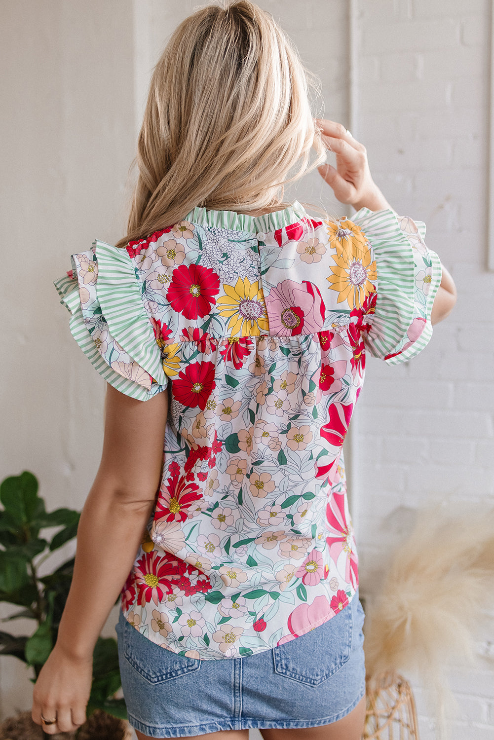 Pink Floral Print Contrast Ruffle Trim Short Sleeve Blouse-Tops/Blouses & Shirts-[Adult]-[Female]-2022 Online Blue Zone Planet