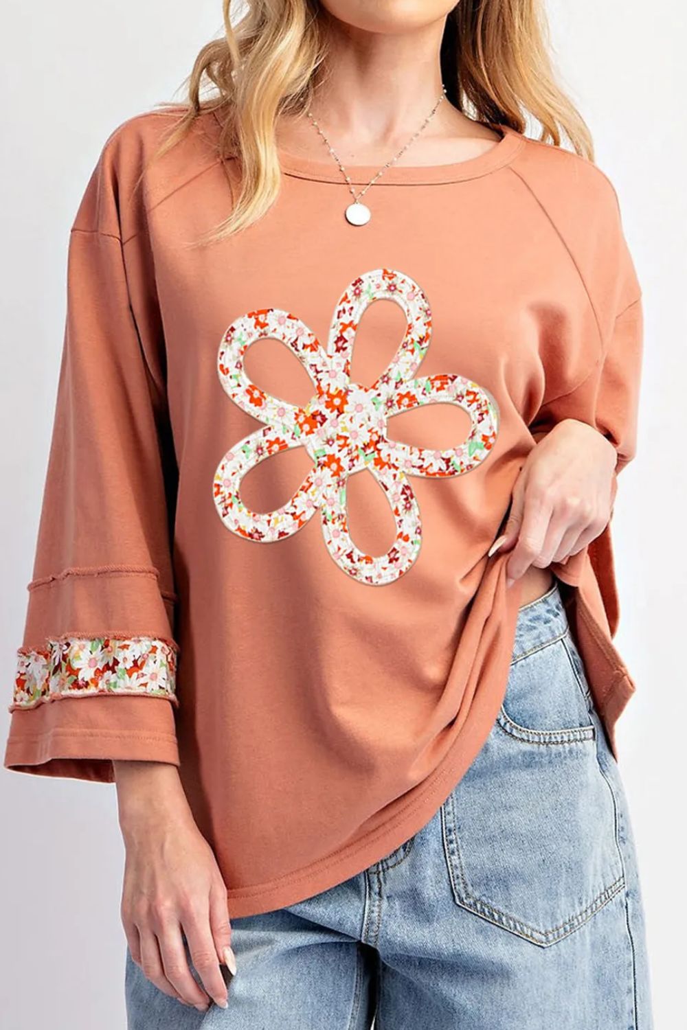 Exposed Seam Slit Floral Round Neck Blouse-TOPS / DRESSES-[Adult]-[Female]-Sherbet-S-2022 Online Blue Zone Planet