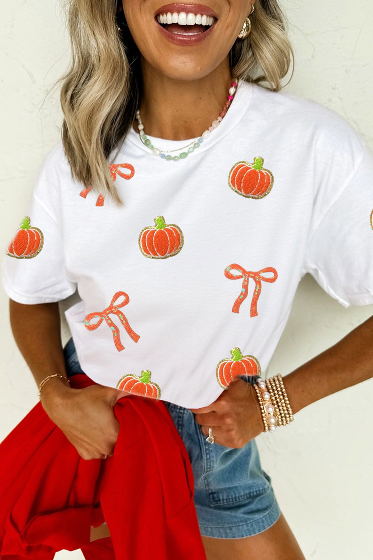 White Sequin Chenille Pumpkin Bow Pattern Casual Short T Shirt-Graphic/Graphic Tees-[Adult]-[Female]-2022 Online Blue Zone Planet