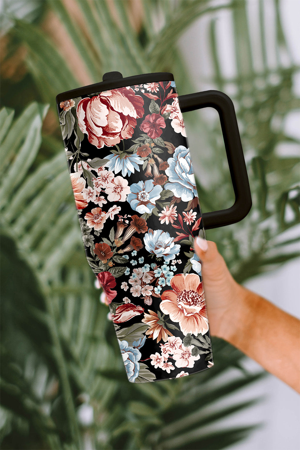 Black Boho Floral Tumbler Cup-Cups-[Adult]-[Female]-Black-ONE SIZE-2022 Online Blue Zone Planet