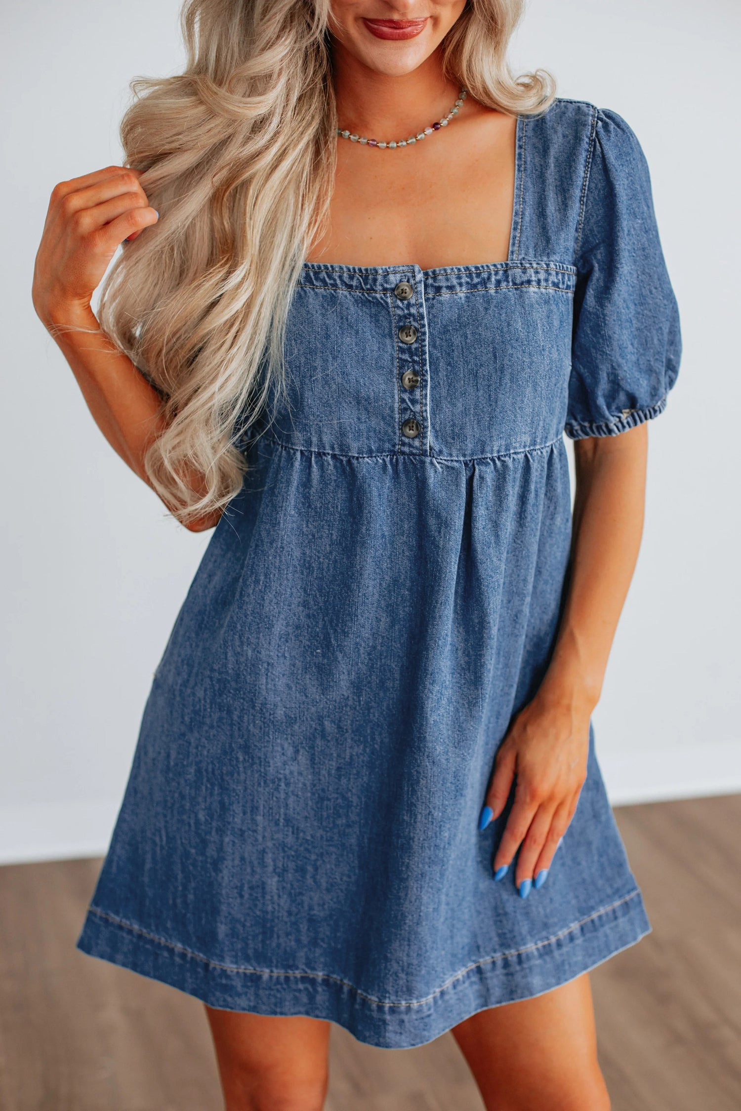 Prussian Blue Button Square Neck Short Puff Sleeve Denim Mini Dress-Dresses/Mini Dresses-[Adult]-[Female]-2022 Online Blue Zone Planet