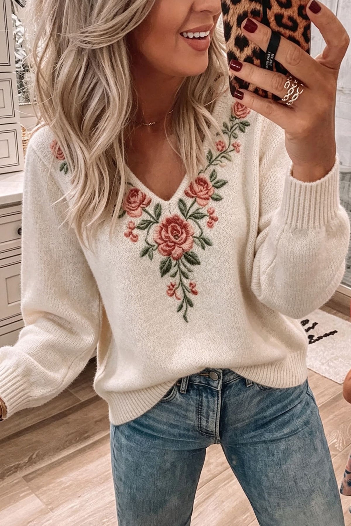 White Floral Print Embellished V Neck Relaxed Sweater-TOPS / DRESSES-[Adult]-[Female]-White-S-2022 Online Blue Zone Planet