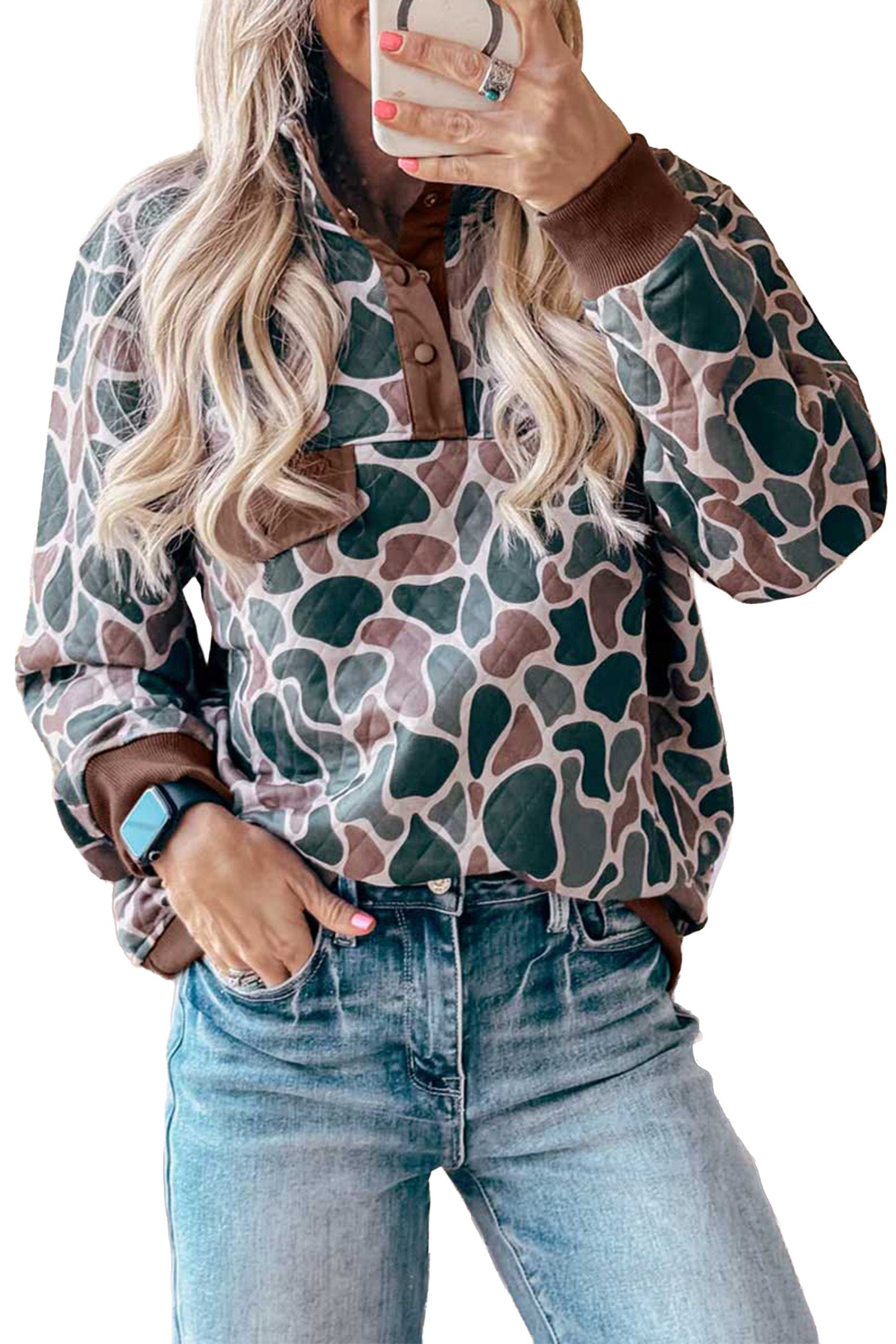 Multicolour Retro Camouflage Pattern Color Block Detail Button Pullover Sweatshirt-Tops/Sweatshirts & Hoodies-[Adult]-[Female]-2022 Online Blue Zone Planet