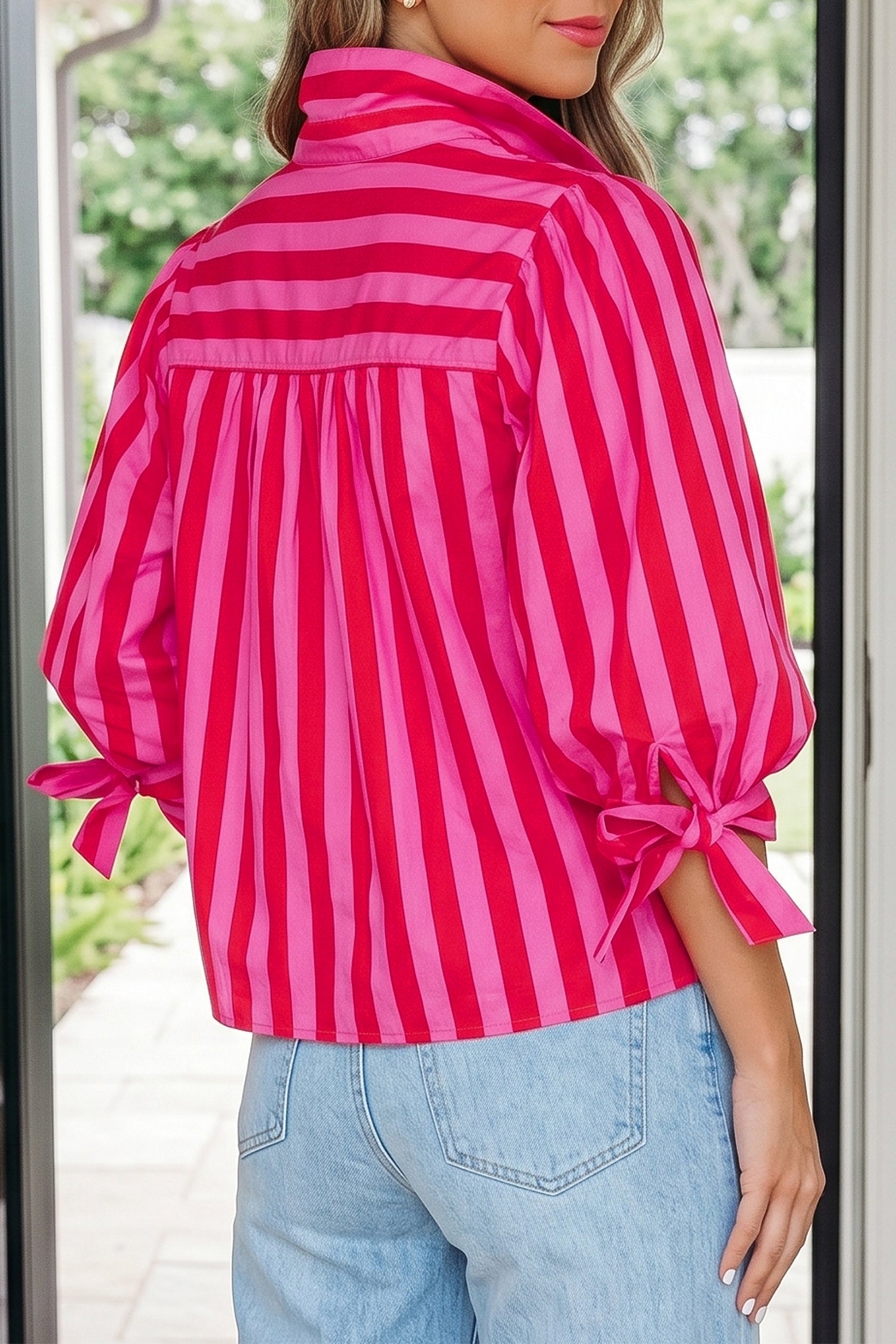 Red Stripe Tie Puff Sleeve Womens Button Down Shirt-Tops/Blouses & Shirts-[Adult]-[Female]-2022 Online Blue Zone Planet