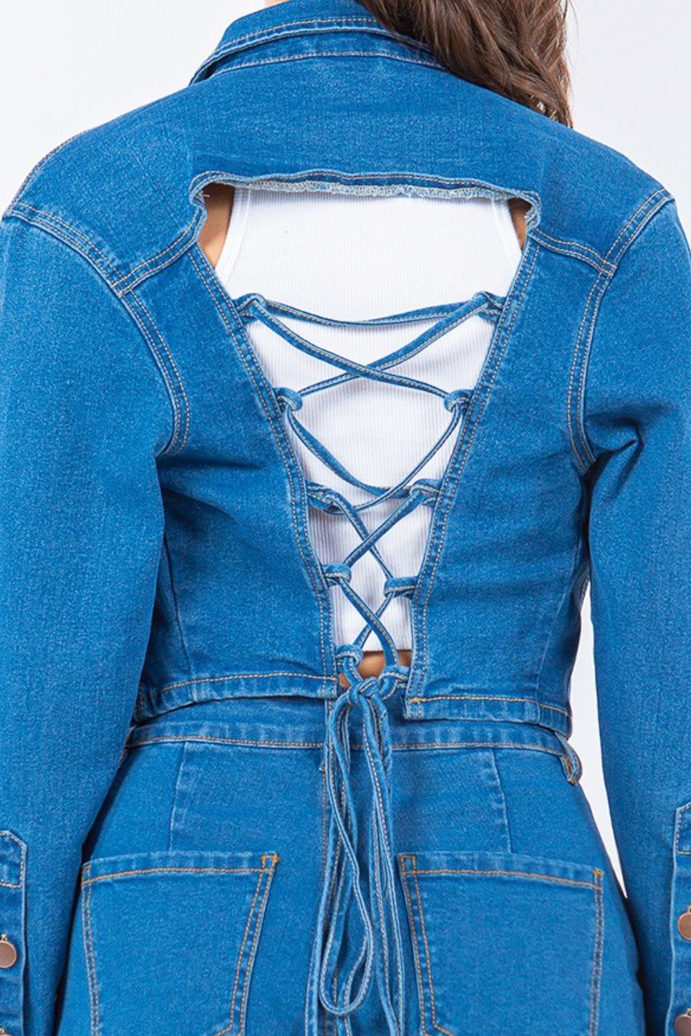 American Bazi Laced Back Cropped Denim Jacket-TOPS / DRESSES-[Adult]-[Female]-2022 Online Blue Zone Planet