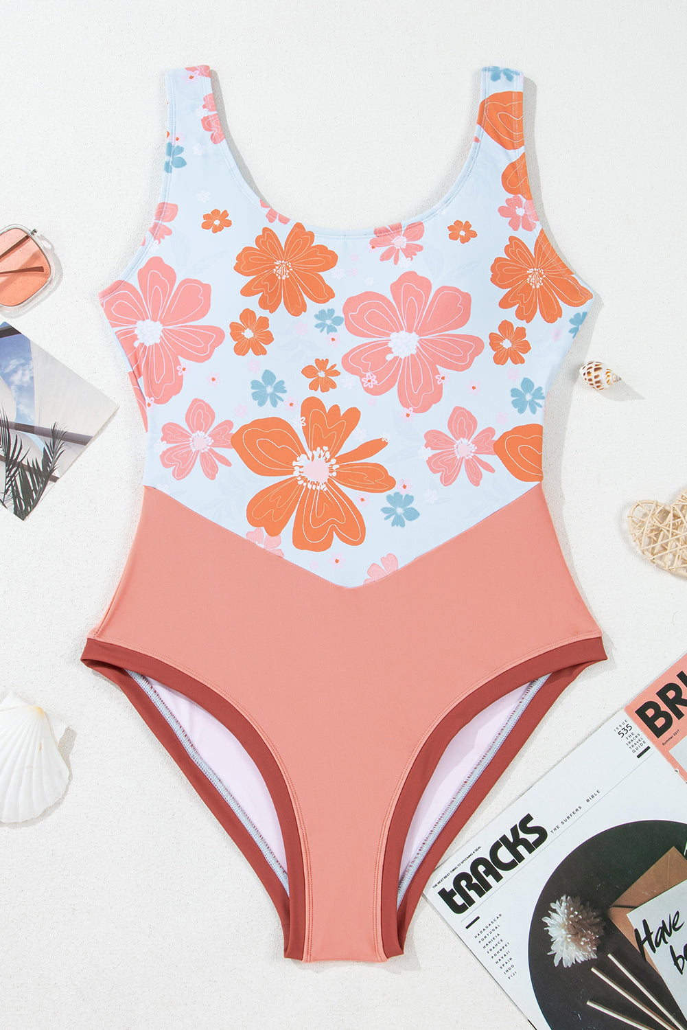 Orange Floral Patchwork Backless One Piece Swimsuit-One-Piece-[Adult]-[Female]-2022 Online Blue Zone Planet
