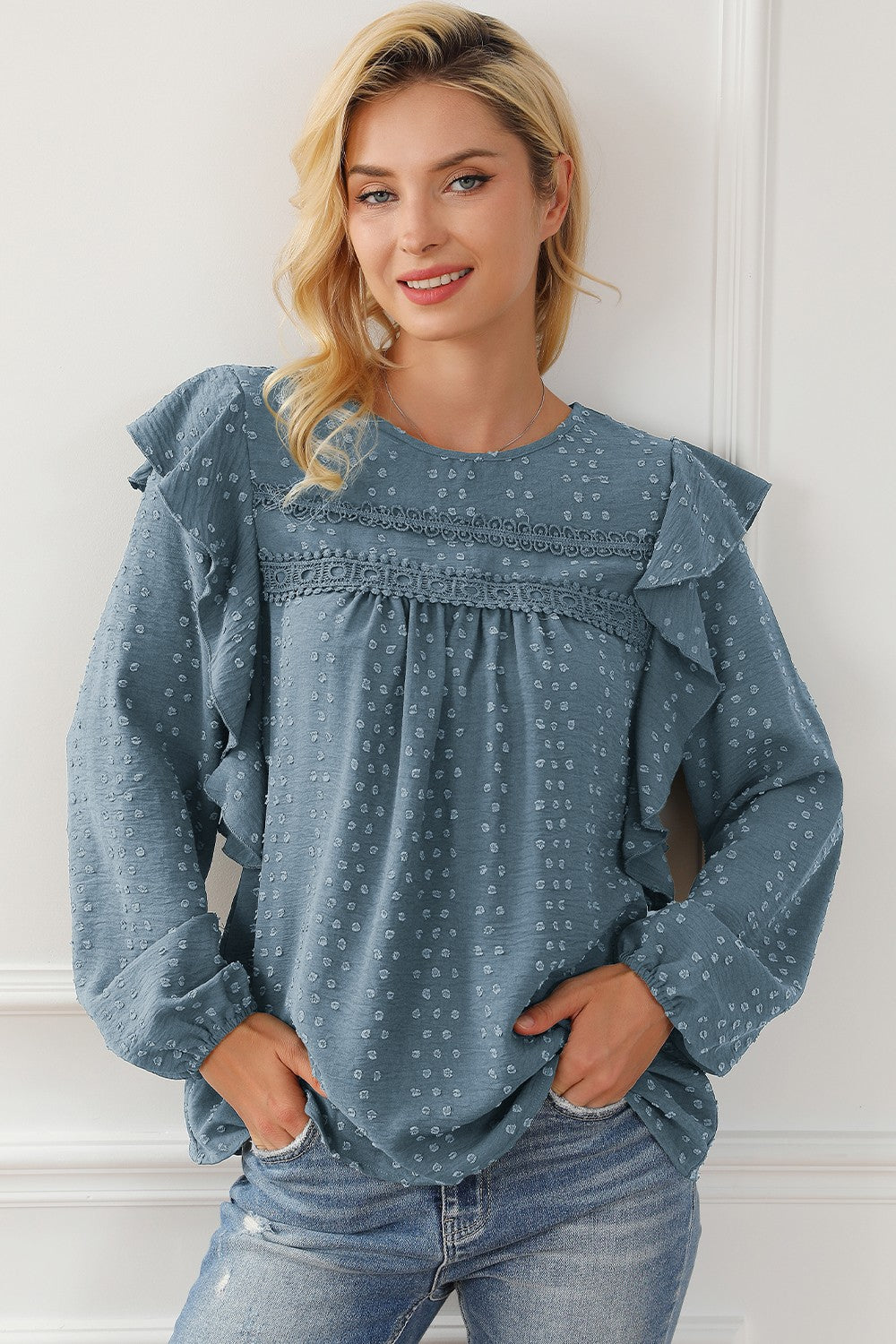 Round Neck Ruffled Blouse BLUE ZONE PLANET