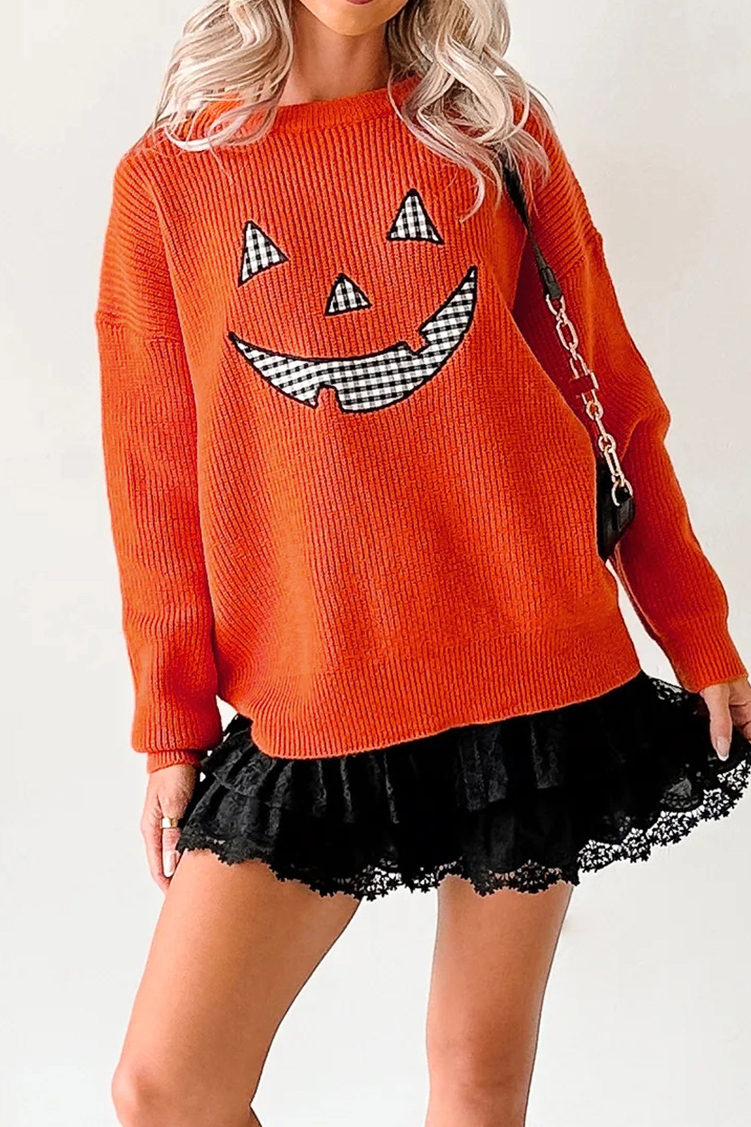 Orange Drop Shoulder Long Sleeve Round Neck Halloween Sweater-Sweaters & Cardigans/Sweaters-[Adult]-[Female]-2022 Online Blue Zone Planet