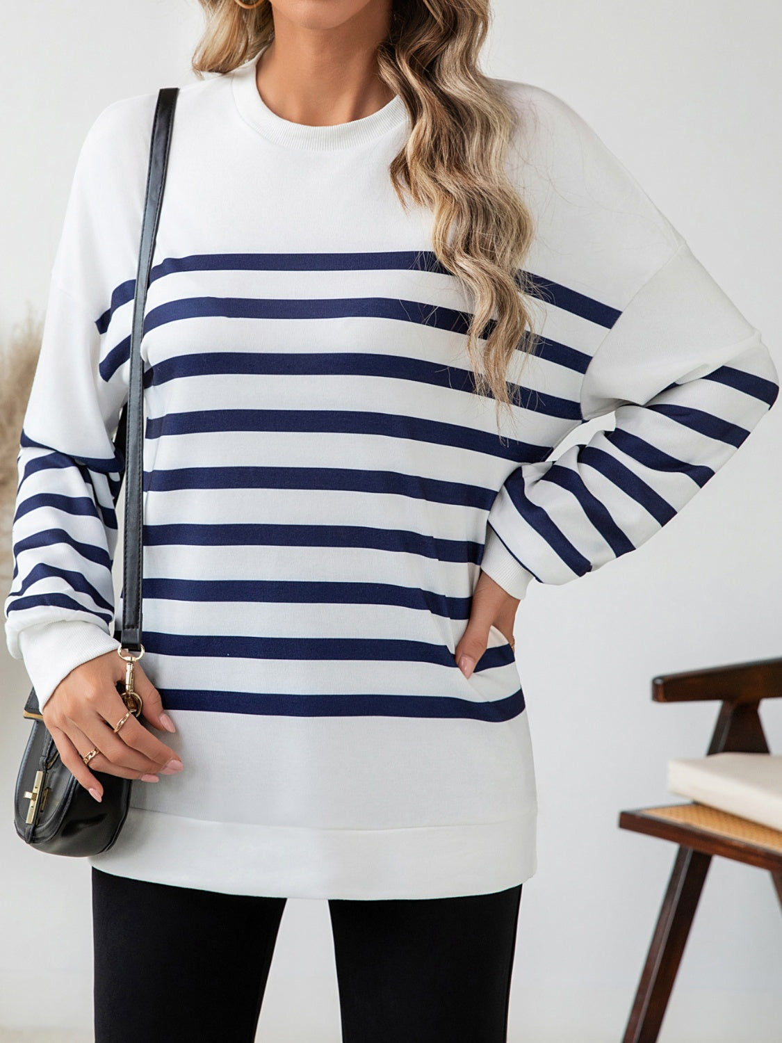 Blue Zone Planet | Striped Round Neck Long Sleeve T-Shirt-TOPS / DRESSES-[Adult]-[Female]-2022 Online Blue Zone Planet