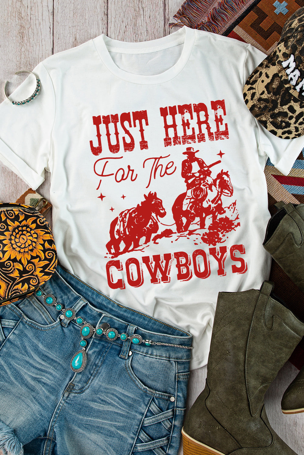 White Just Here For The Cowboy Cuffed Sleeve Crew Neck T Shirt