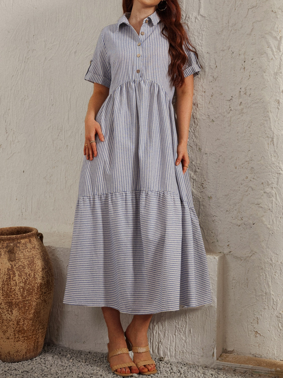 Striped Collared Neck Short Sleeve Dress-TOPS / DRESSES-[Adult]-[Female]-2022 Online Blue Zone Planet