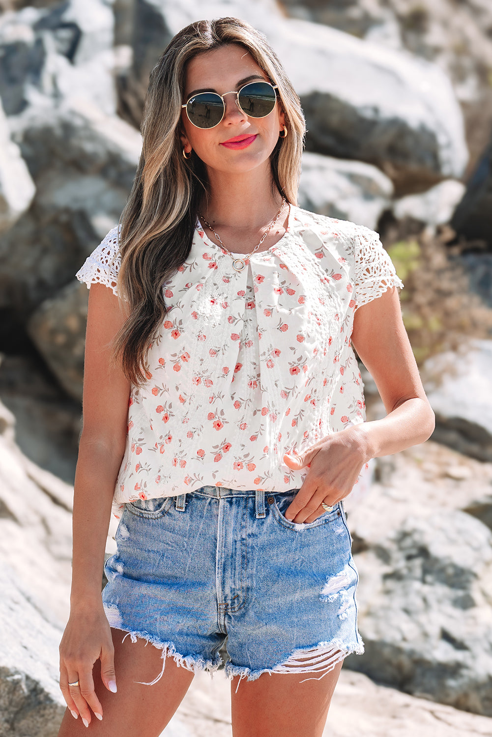 Pink Floral Print Embroidery Detail Crochet Cap Sleeve Blouse-Tops/Blouses & Shirts-[Adult]-[Female]-2022 Online Blue Zone Planet