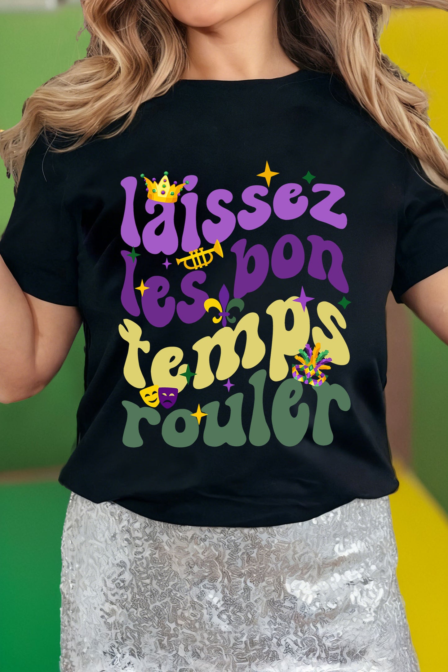 Black Laissez Lesbon Temps Rouler Graphic Mardi Gras Tee-Graphic Tees-[Adult]-[Female]-Black-2XL-2022 Online Blue Zone Planet