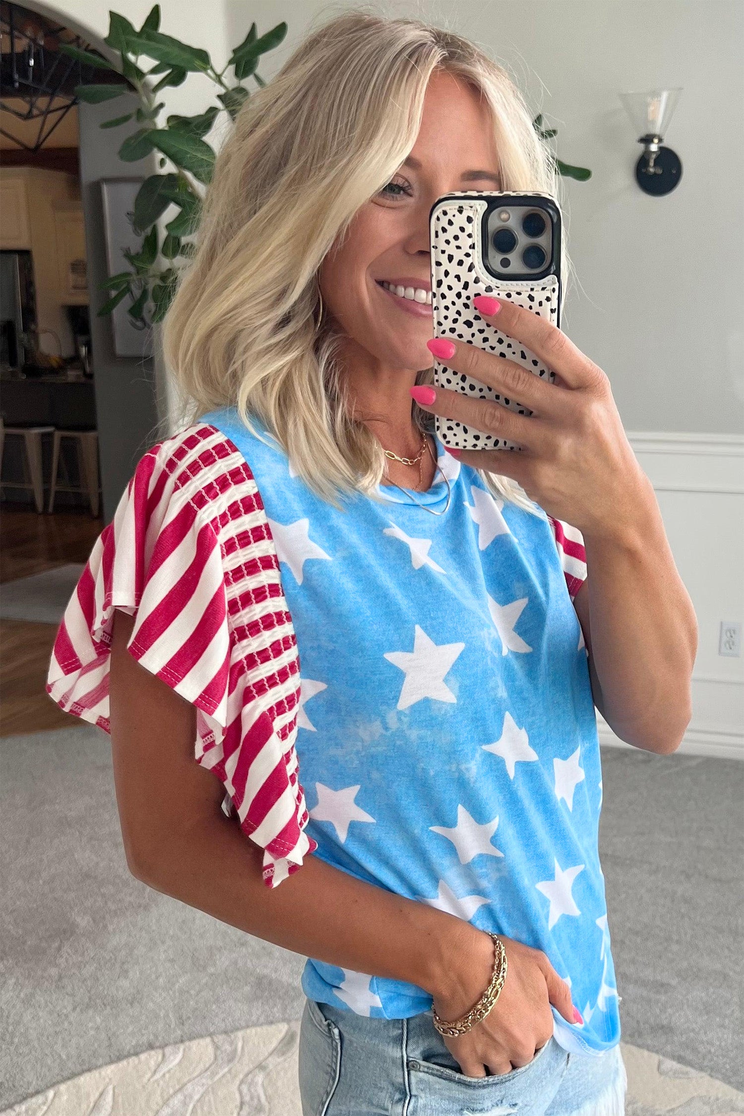 Sky Blue Vintage Star Print Striped Ruffle Sleeve Independence Day Top-Tops/Tops & Tees-[Adult]-[Female]-2022 Online Blue Zone Planet