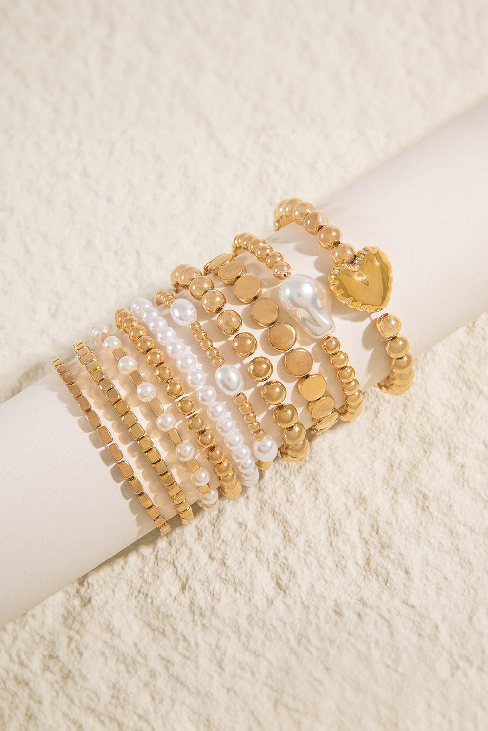 Gold Minimalist Style Heart & Pearl Beaded Bracelet Set-Bracelet-[Adult]-[Female]-2022 Online Blue Zone Planet
