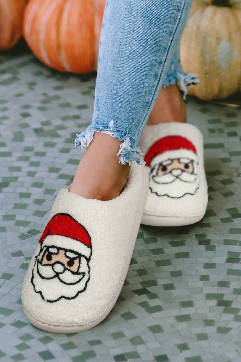 White Christmas Santa Clause Graphic Plush Slippers-Shoes & Bags/Slippers-[Adult]-[Female]-2022 Online Blue Zone Planet