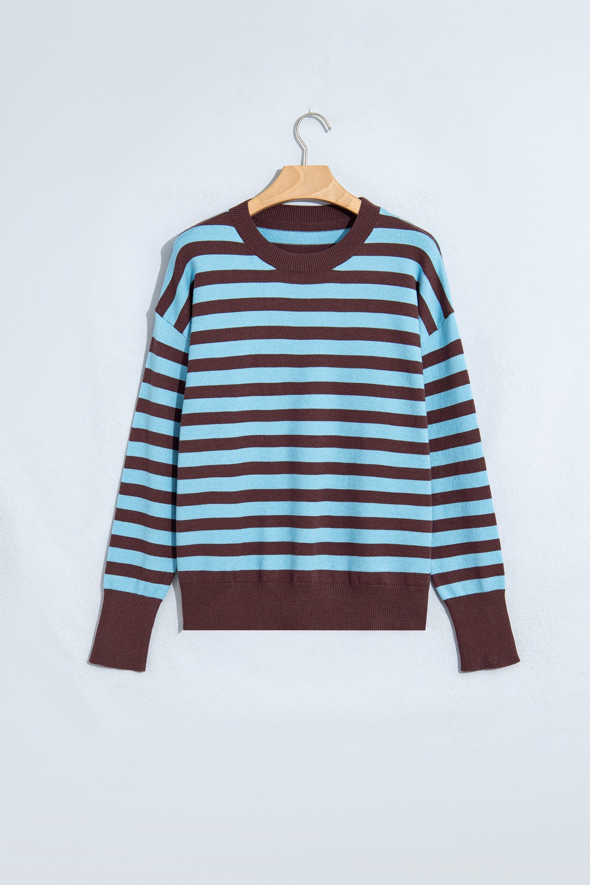 Brown Stripe Color Block Loose Crew Neck Cuffed Sweater-TOPS / DRESSES-[Adult]-[Female]-2022 Online Blue Zone Planet