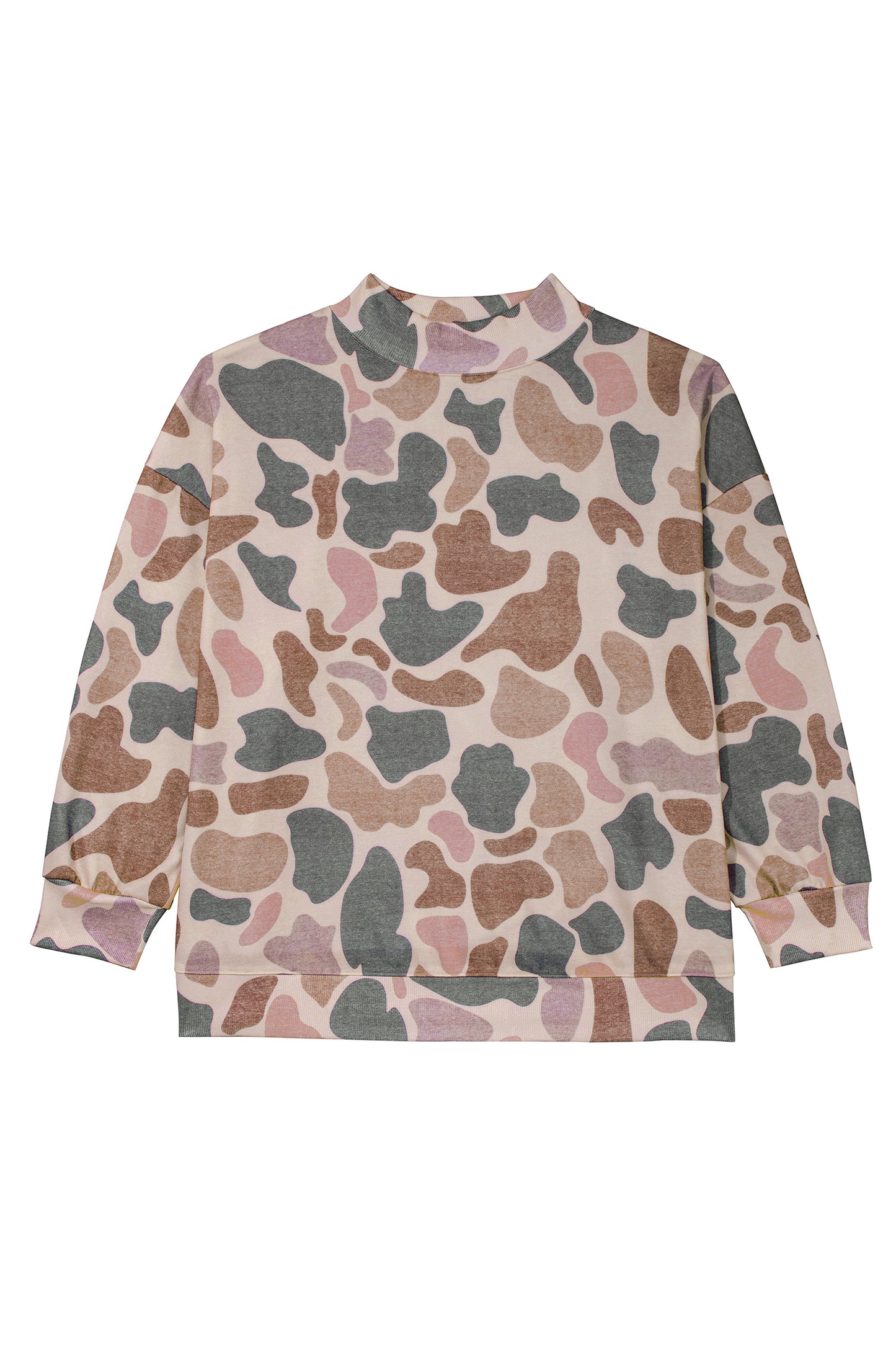 Multicolour Camo Print Ribbed Mock Neck Plus Size Sweatshirt-Plus Size/Plus Size Sweatshirts & Hoodies-[Adult]-[Female]-2022 Online Blue Zone Planet