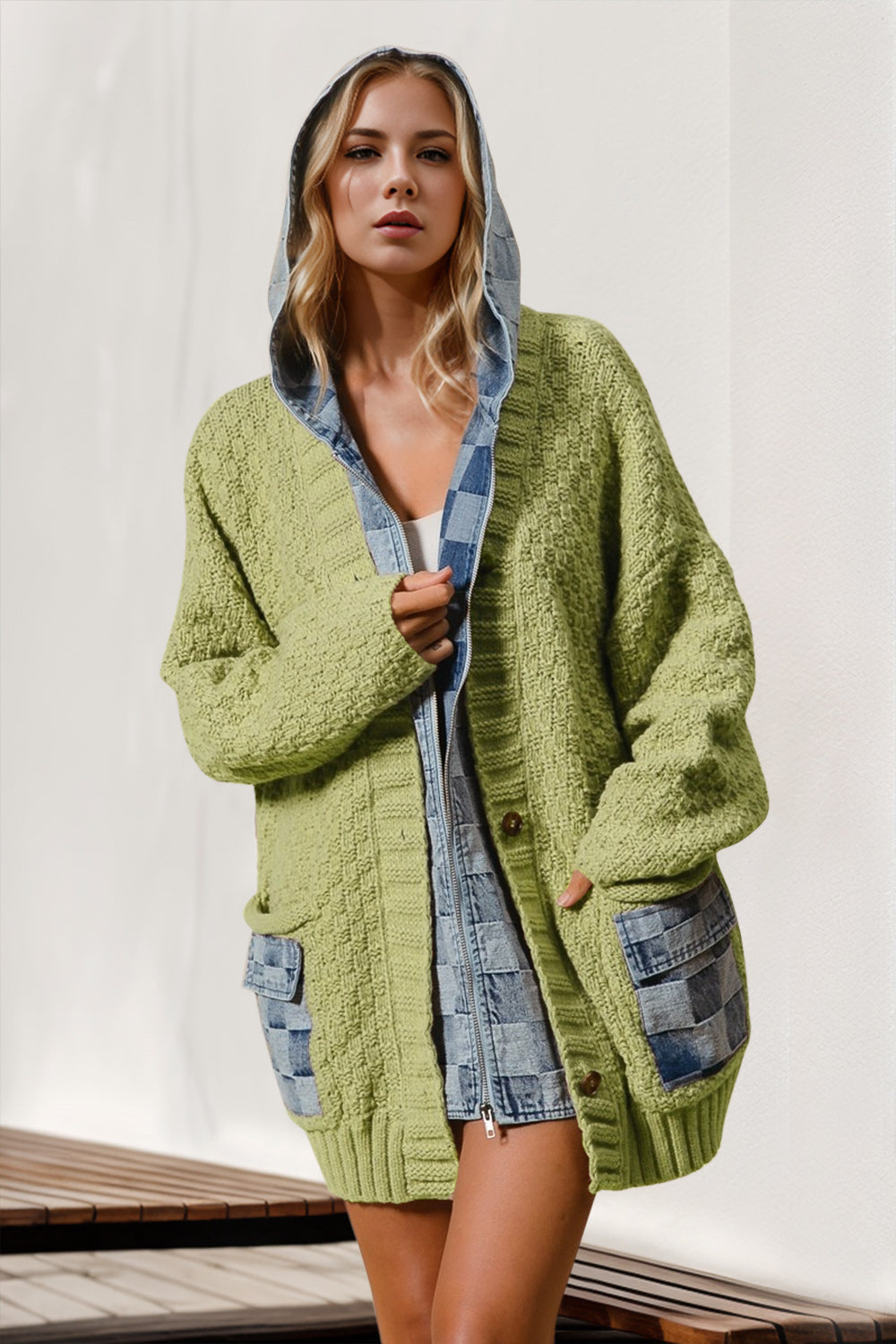 Double Take Full Size Hooded Denim Spliced Sweater Cardigan-TOPS / DRESSES-[Adult]-[Female]-Light Green-S/M-2022 Online Blue Zone Planet