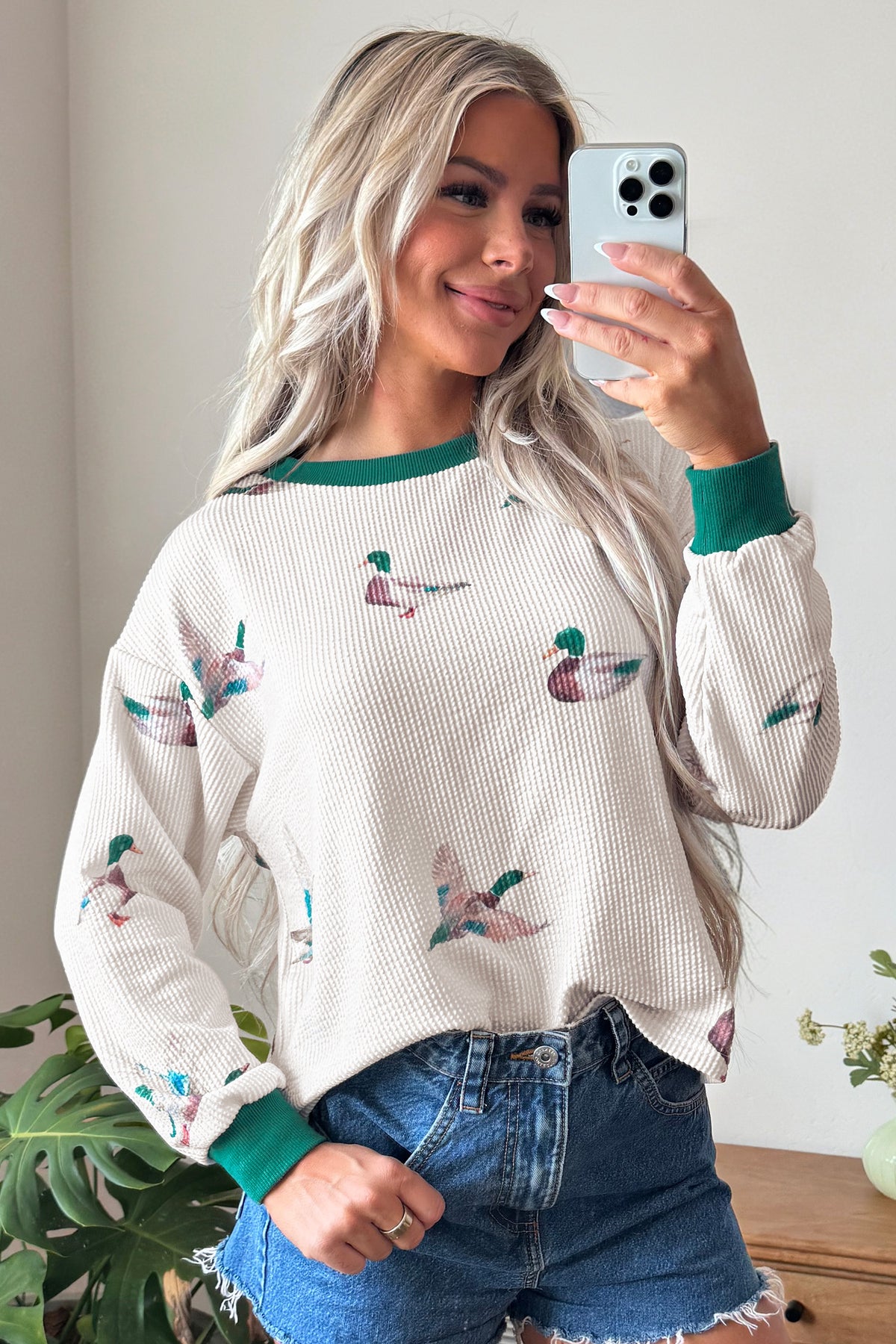 Beige Twisted Ribbed Duck Print Crewneck Casual Pullover Top-Tops/Long Sleeve Tops-[Adult]-[Female]-2022 Online Blue Zone Planet