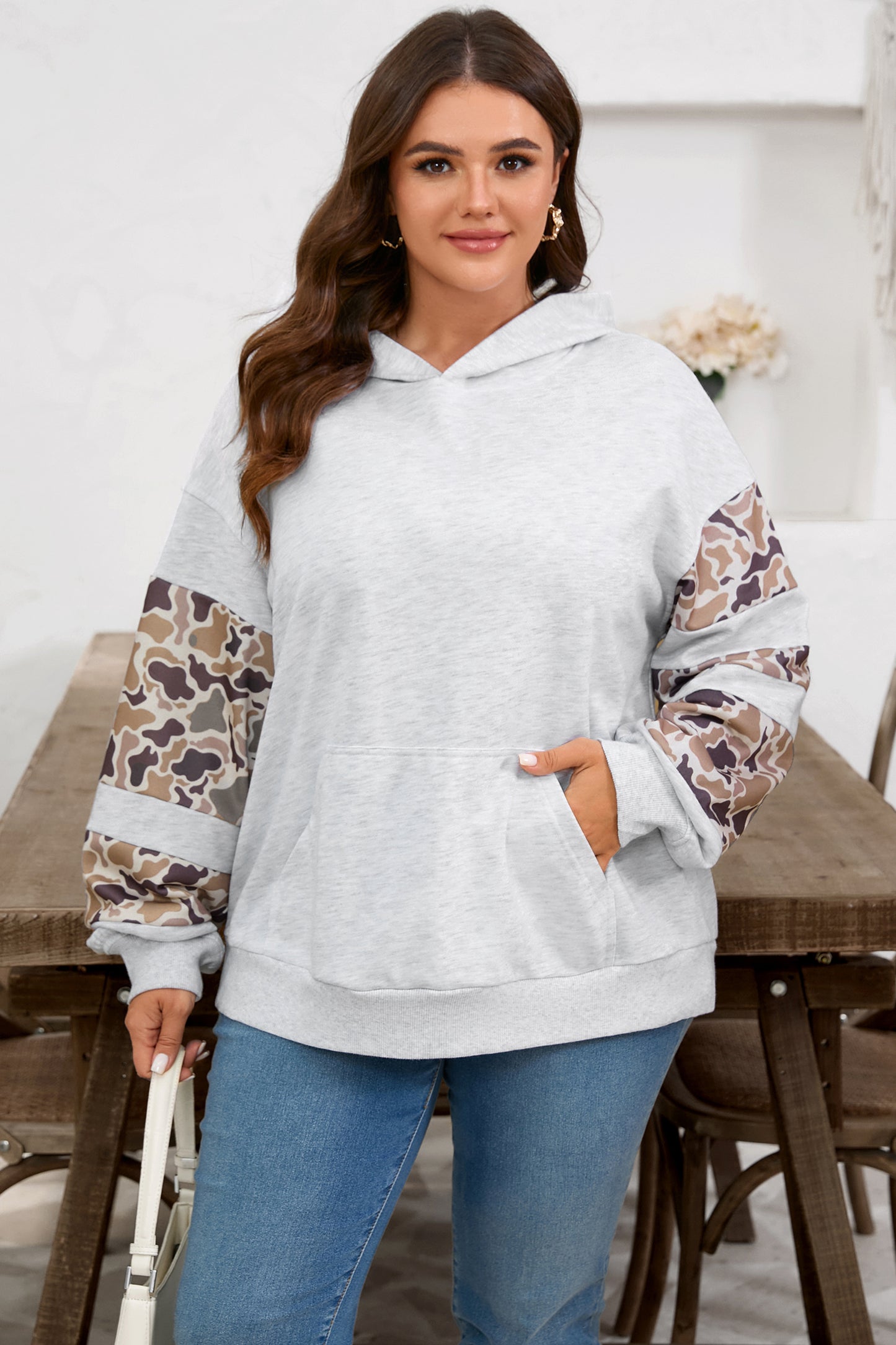 Light Grey Camouflage Patchwork Asymmetric Sleeve Plus Size Hoodie-Tops / Dresses-[Adult]-[Female]-2022 Online Blue Zone Planet