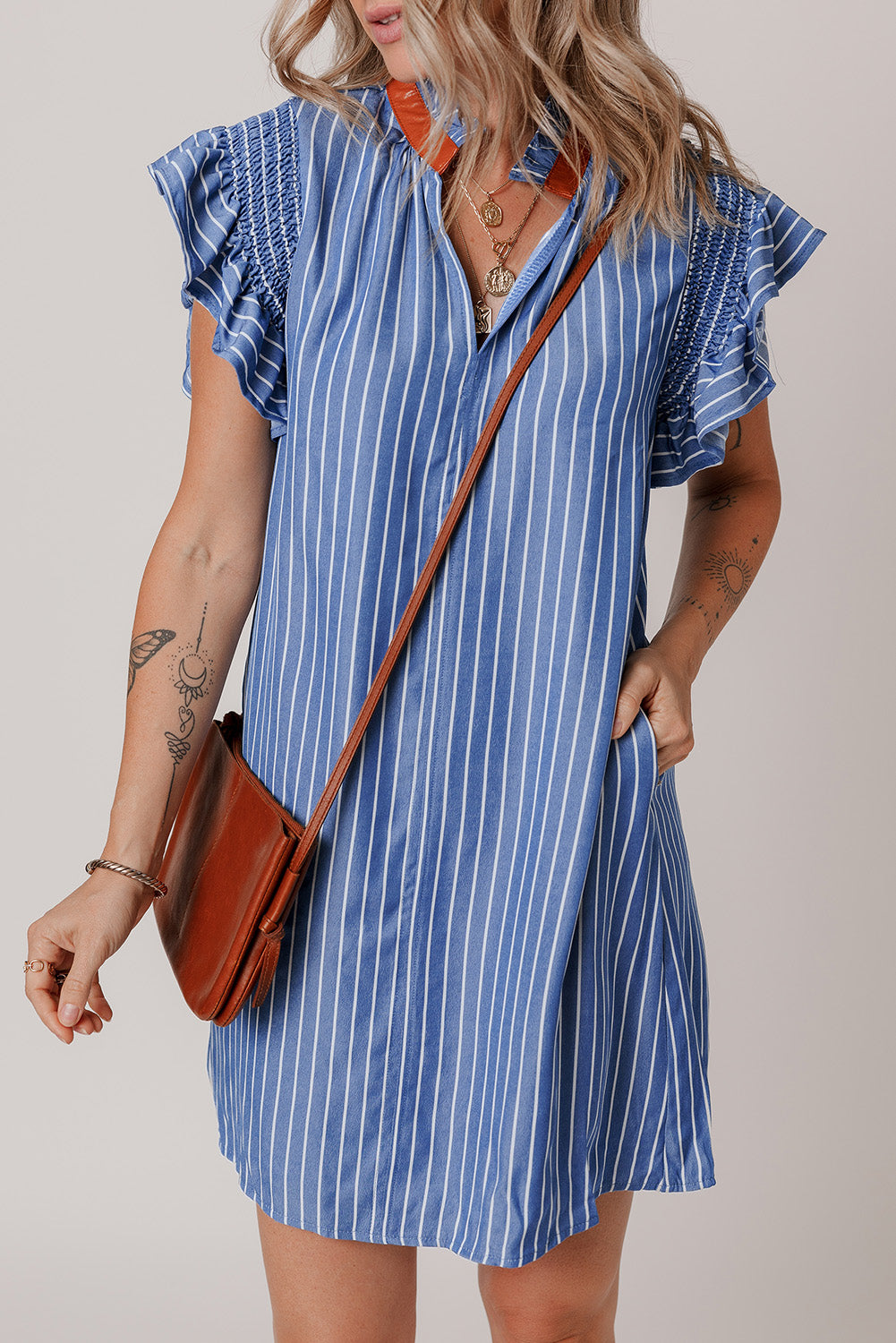 Sky Blue Stripe Frilly Split Neck Shirred Ruffle Sleeve Short Shift Dress-Dresses/Mini Dresses-[Adult]-[Female]-Sky Blue Stripe-S-2022 Online Blue Zone Planet