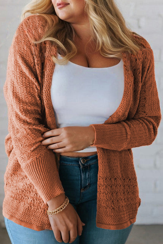 Redwood Burl Mixed Pattern Knitted Open Front Plus Cardigan-Plus Size/Plus Size Sweaters & Cardigans-[Adult]-[Female]-2022 Online Blue Zone Planet