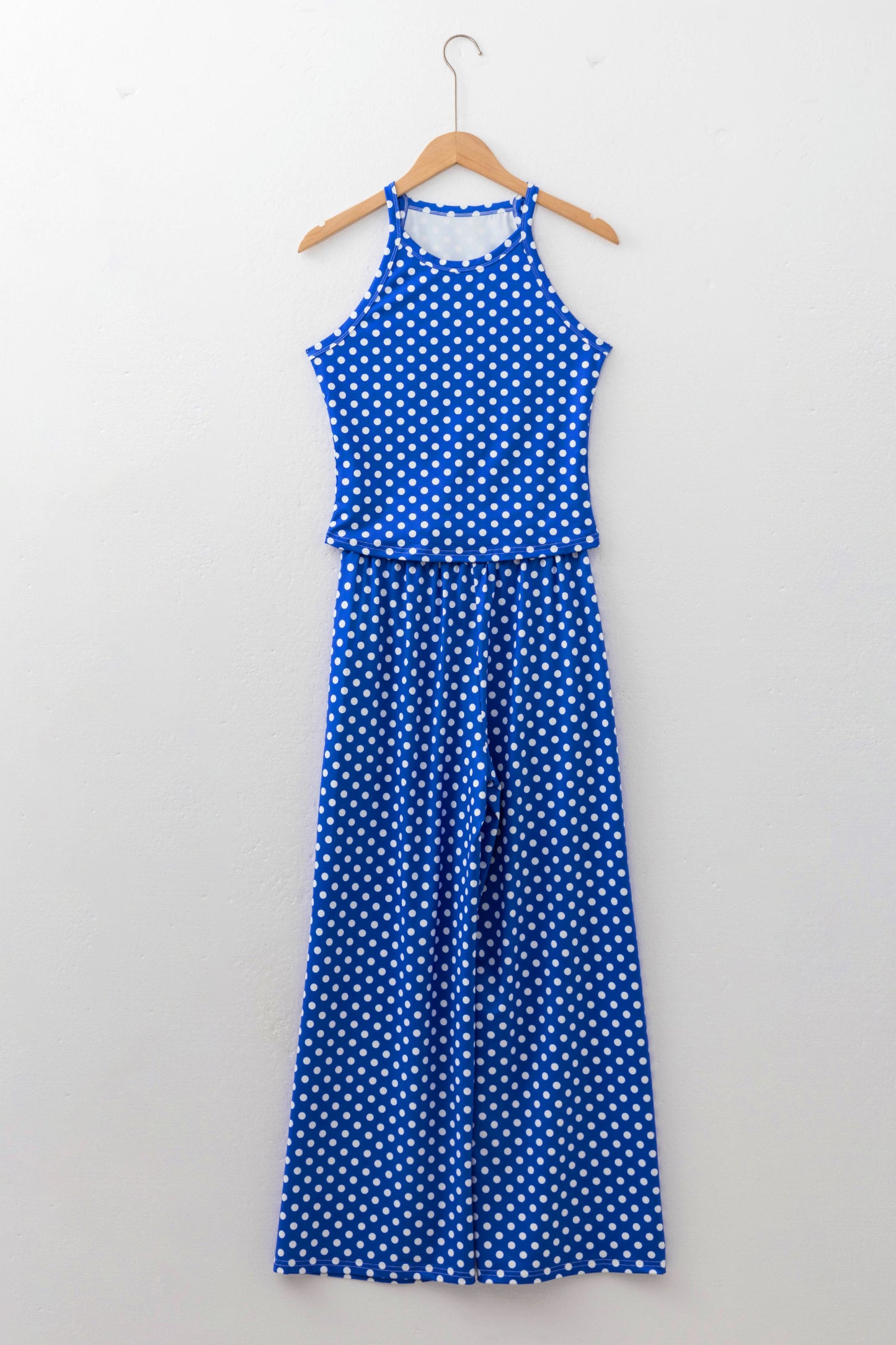 Blue Polka Dot Print Slim Tank Loose Pants 2pcs Outfit-Two Piece Sets/Pant Sets-[Adult]-[Female]-2022 Online Blue Zone Planet