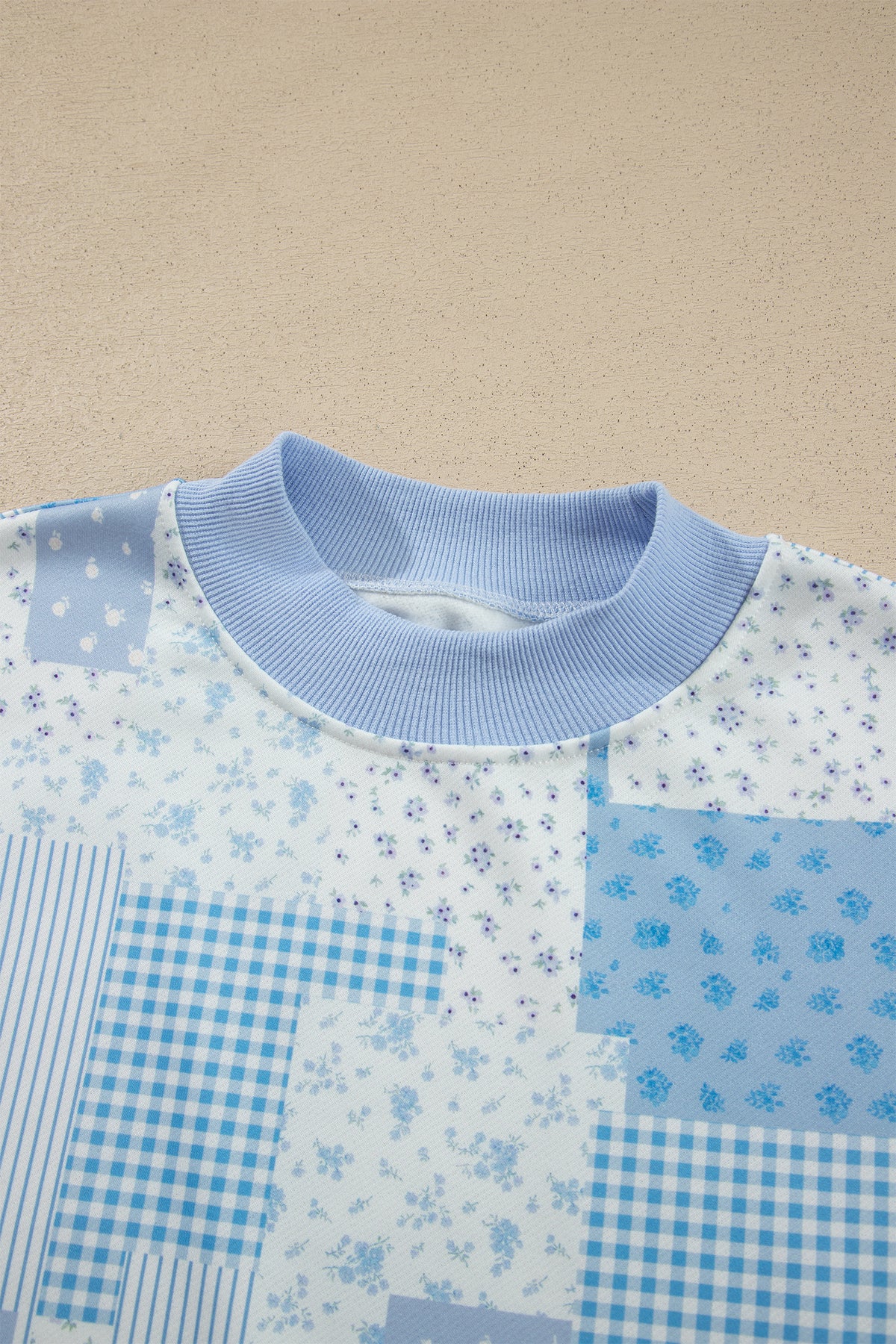 Sky Blue Patchwork Floral Print Drop Shoulder Baggy Pullover Drawstring Shorts Set-Two Piece Sets/Short Sets-[Adult]-[Female]-2022 Online Blue Zone Planet