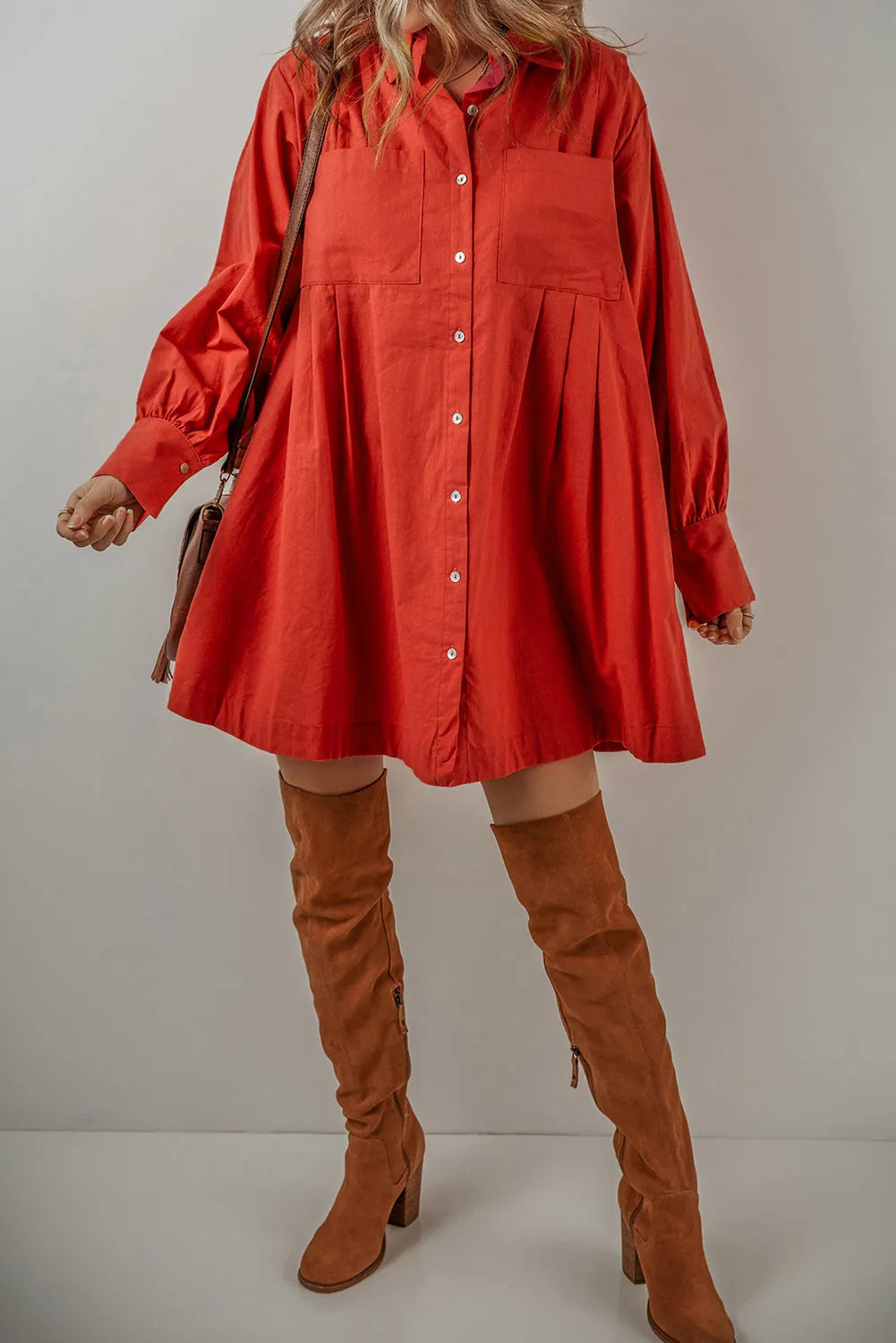 Blue Zone Planet | Pocketed Button Down Long Sleeve Shirt Dress-TOPS / DRESSES-[Adult]-[Female]-2022 Online Blue Zone Planet