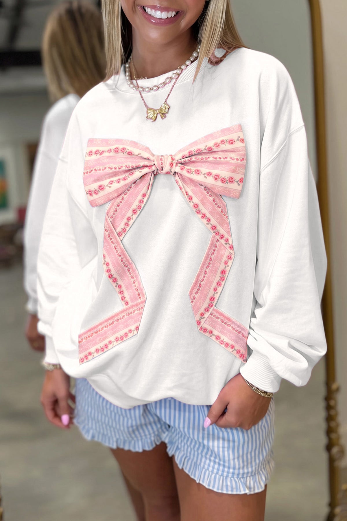 Pink Floral Bow Decoration Drop Shoulder Long Sleeve Top-Tops/Long Sleeve Tops-[Adult]-[Female]-White-S-2022 Online Blue Zone Planet
