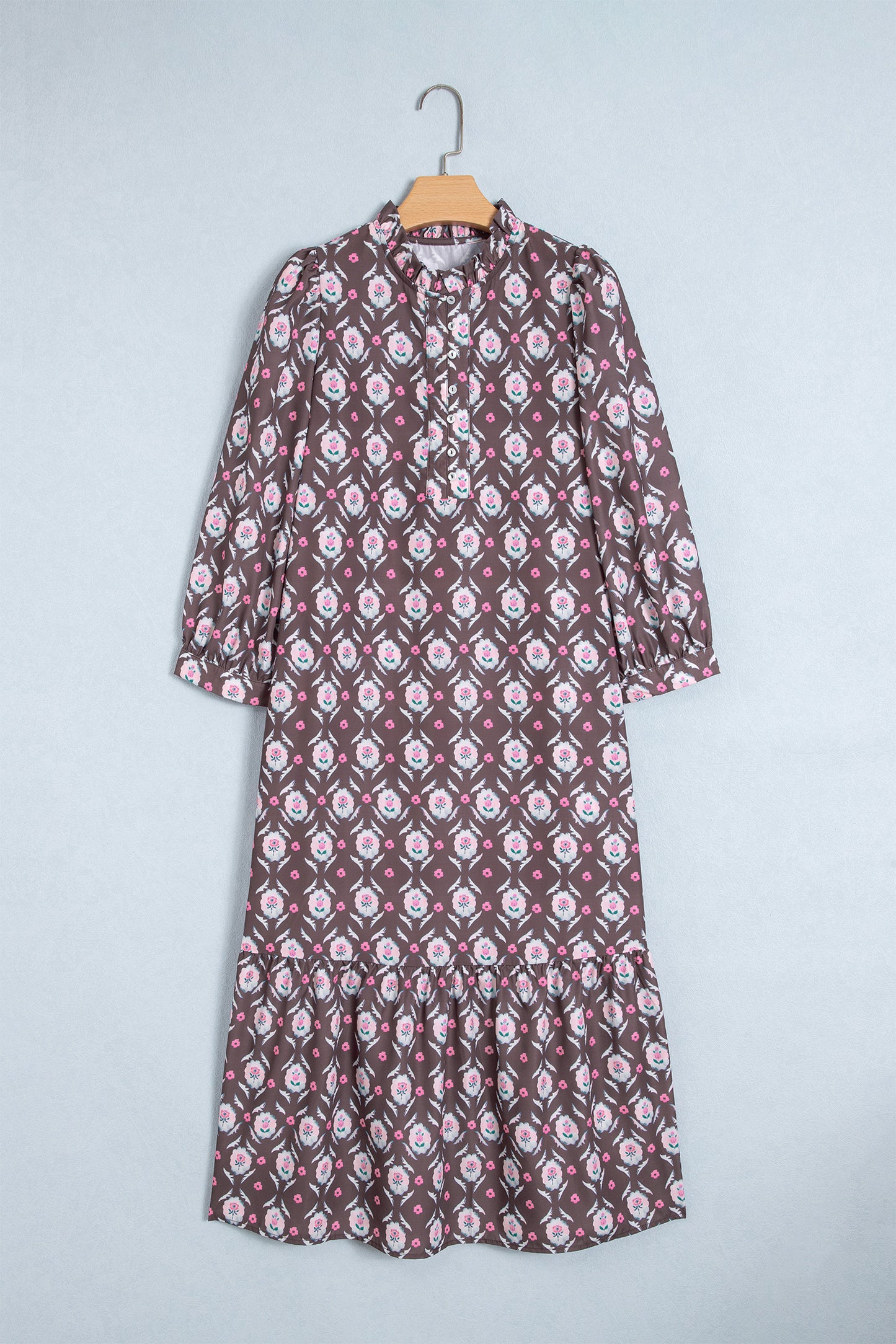 Brown Floral Print Button Front Ruffle Hem Midi Dress-TOPS / DRESSES-[Adult]-[Female]-2022 Online Blue Zone Planet